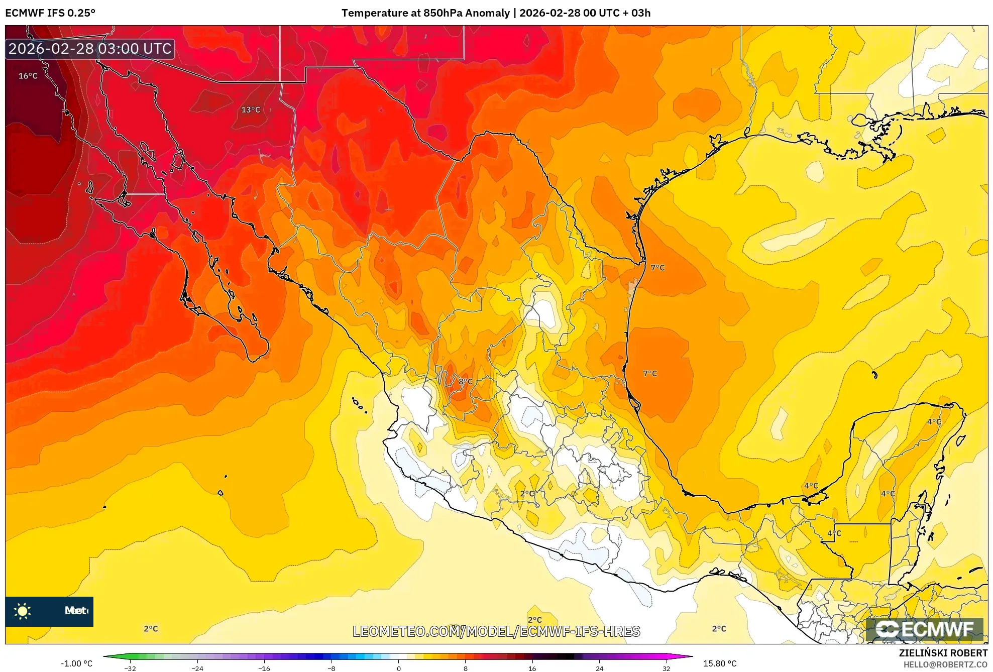 ECMWF IFS 0.25° model - メキシコ, 気温異常（850hPa）