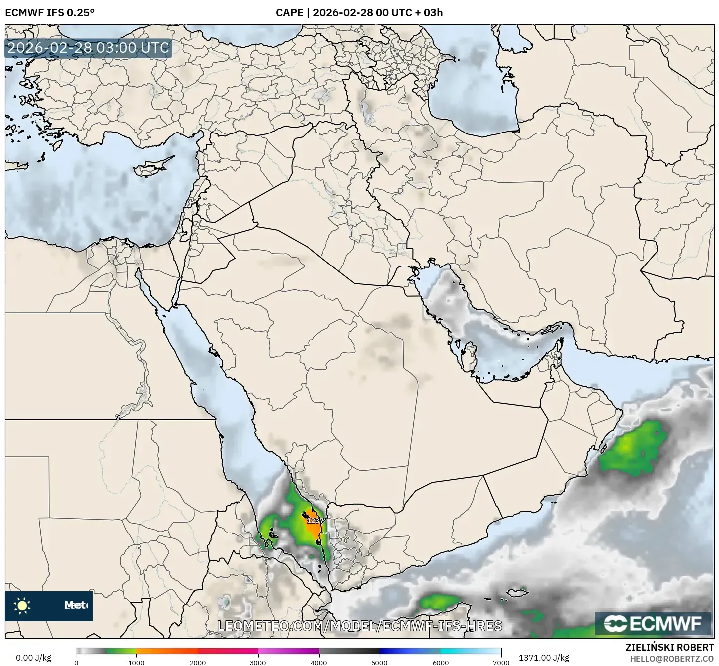ECMWF IFS 0.25° model - 中東, CAPE