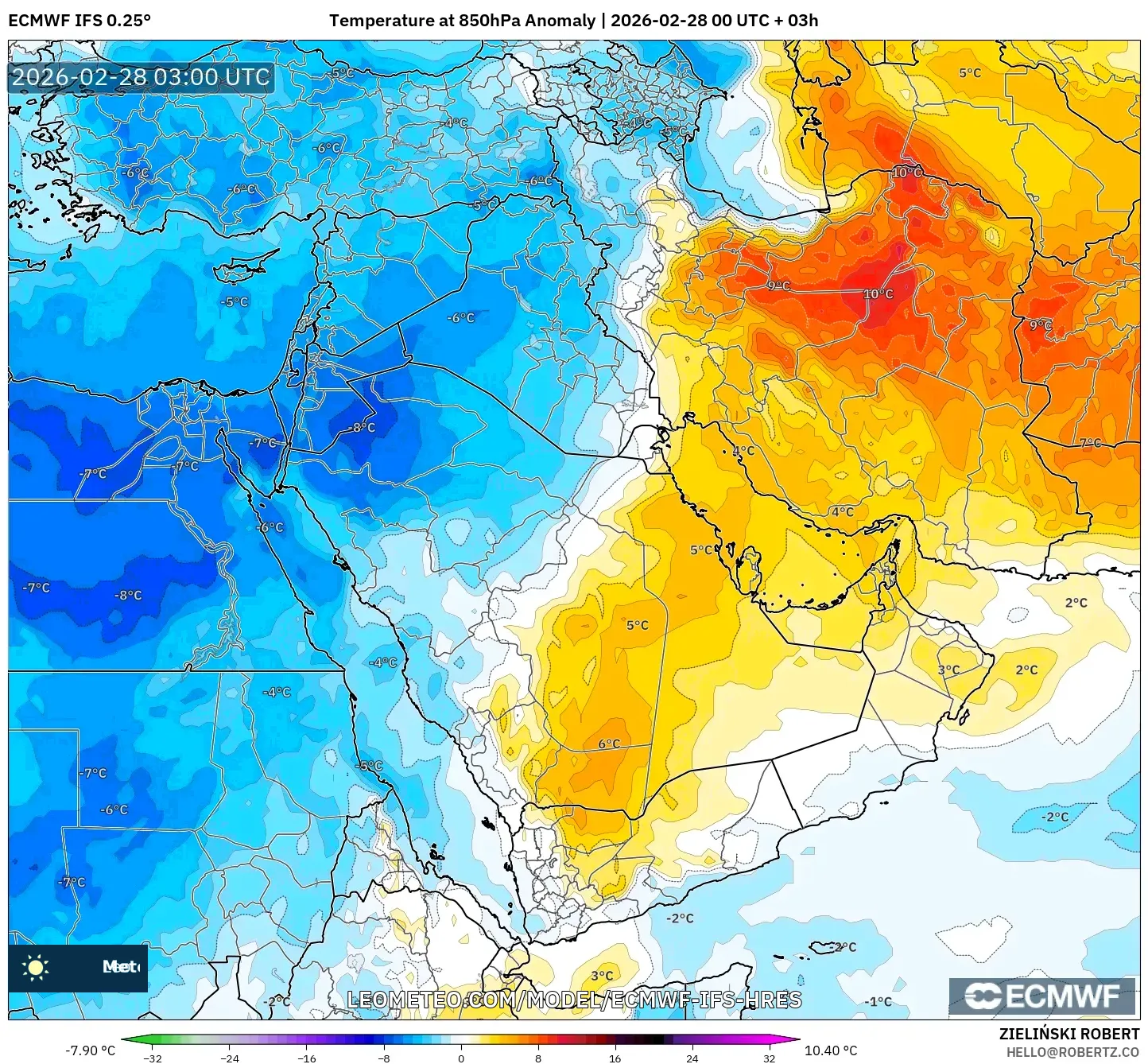 ECMWF IFS 0.25° model - 中東, 気温異常（850hPa）