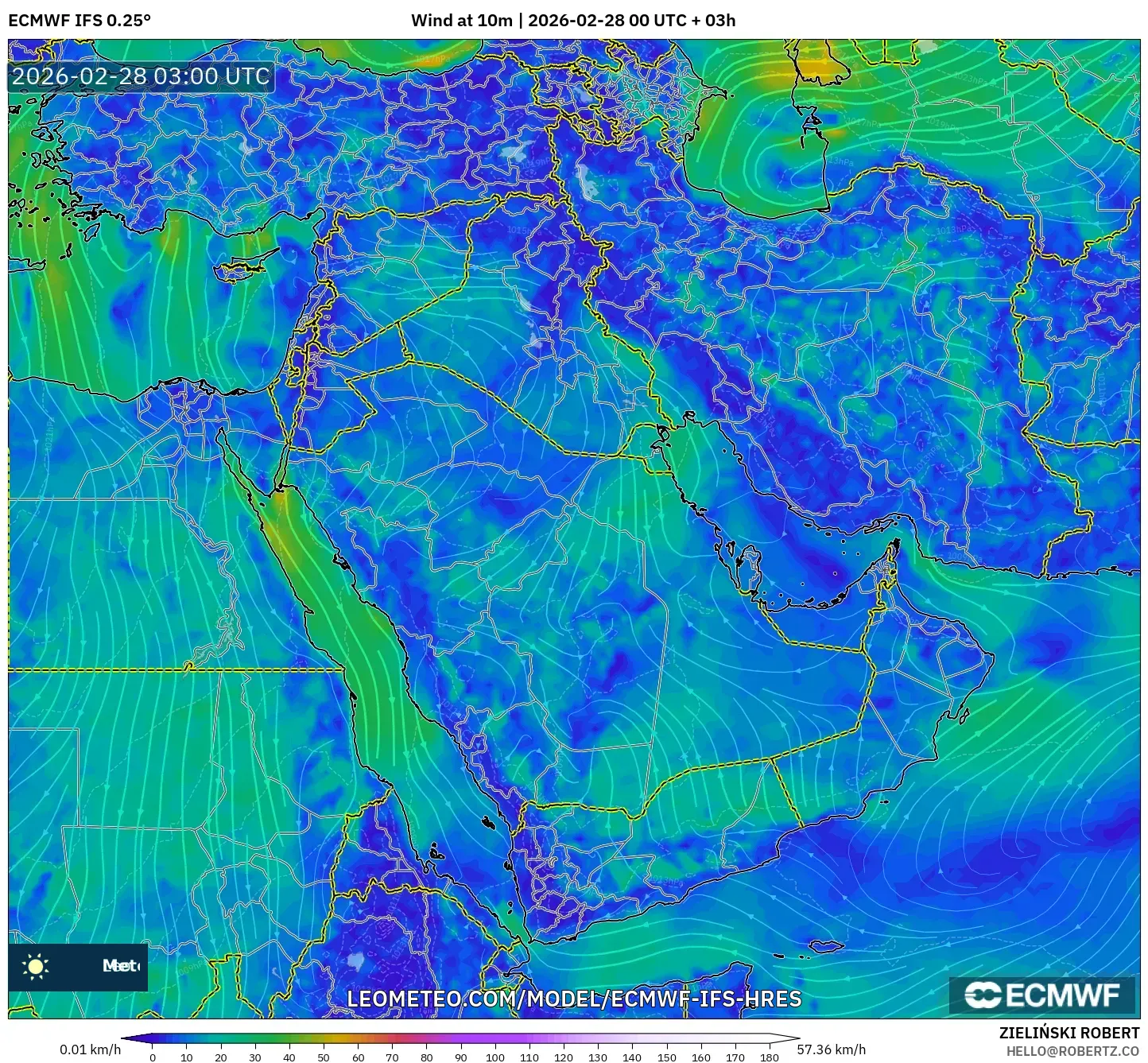 ECMWF IFS 0.25° model - 中東, 風速（10m）
