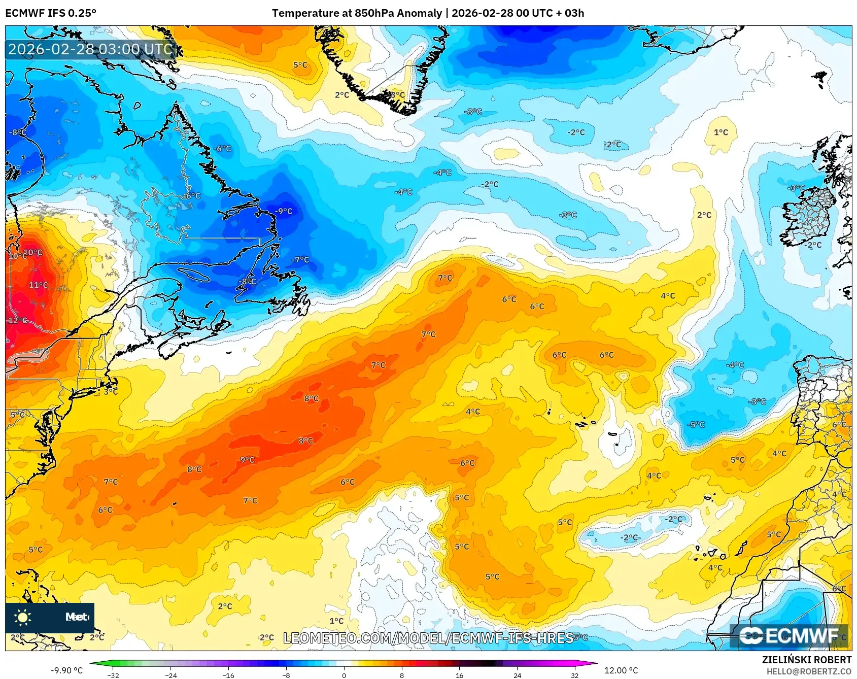 ECMWF IFS 0.25° model - 北大西洋, 気温異常（850hPa）