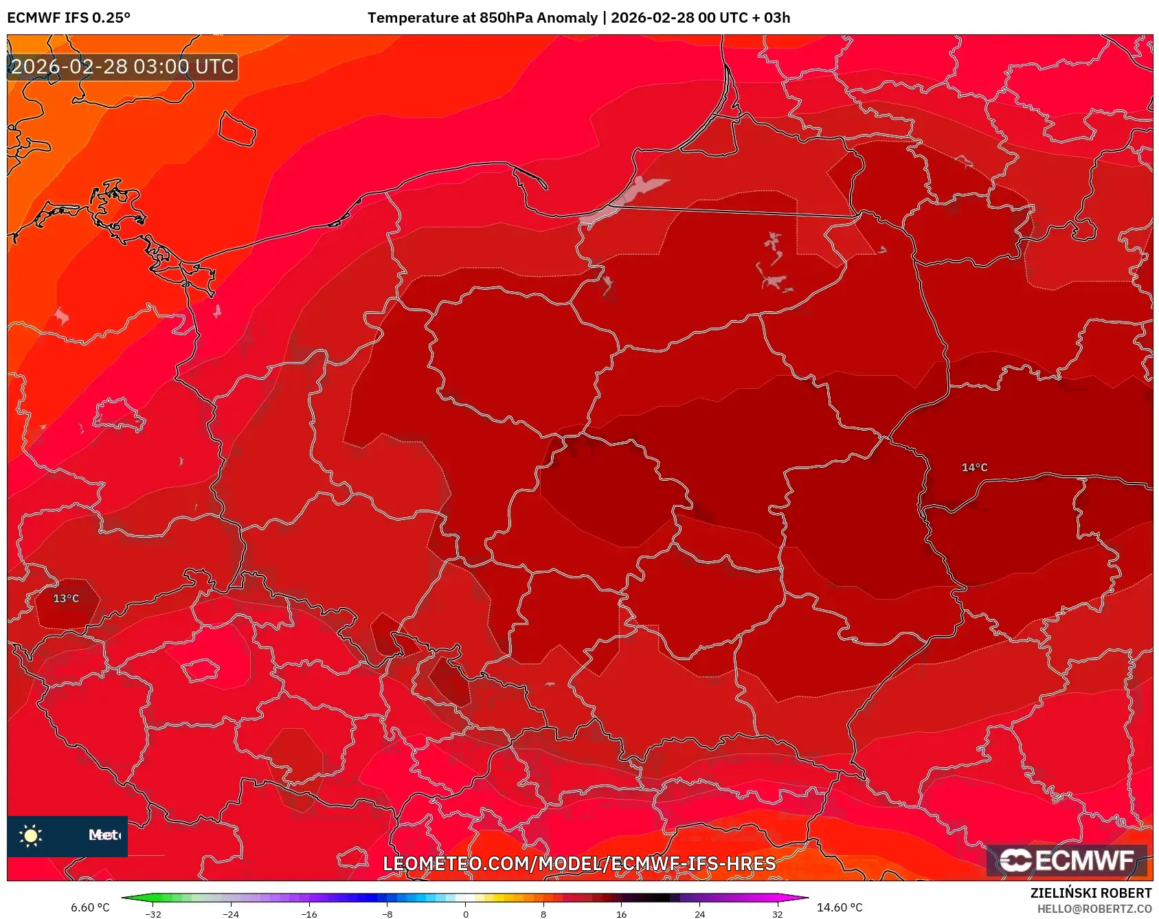 ECMWF IFS 0.25° model - ポーランド, 気温異常（850hPa）