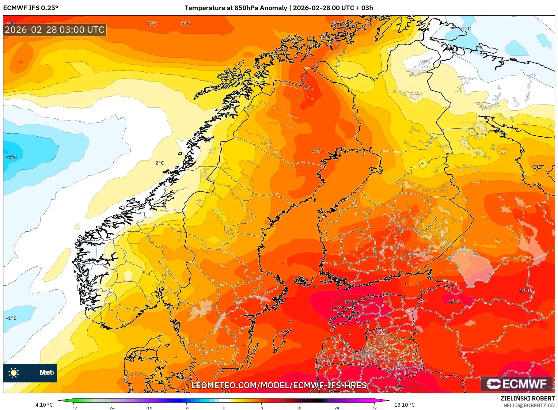 ECMWF IFS 0.25° model - スカンジナビア, 気温異常（850hPa）