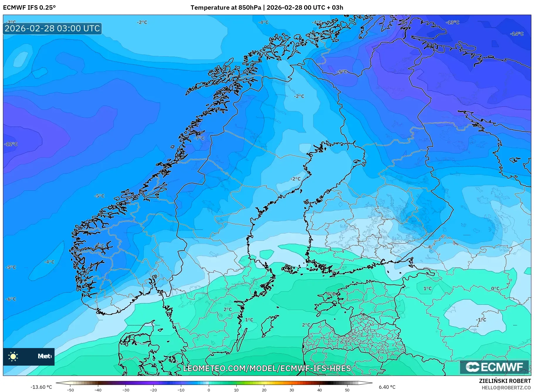 ECMWF IFS 0.25° model - スカンジナビア, 気温（850hPa）