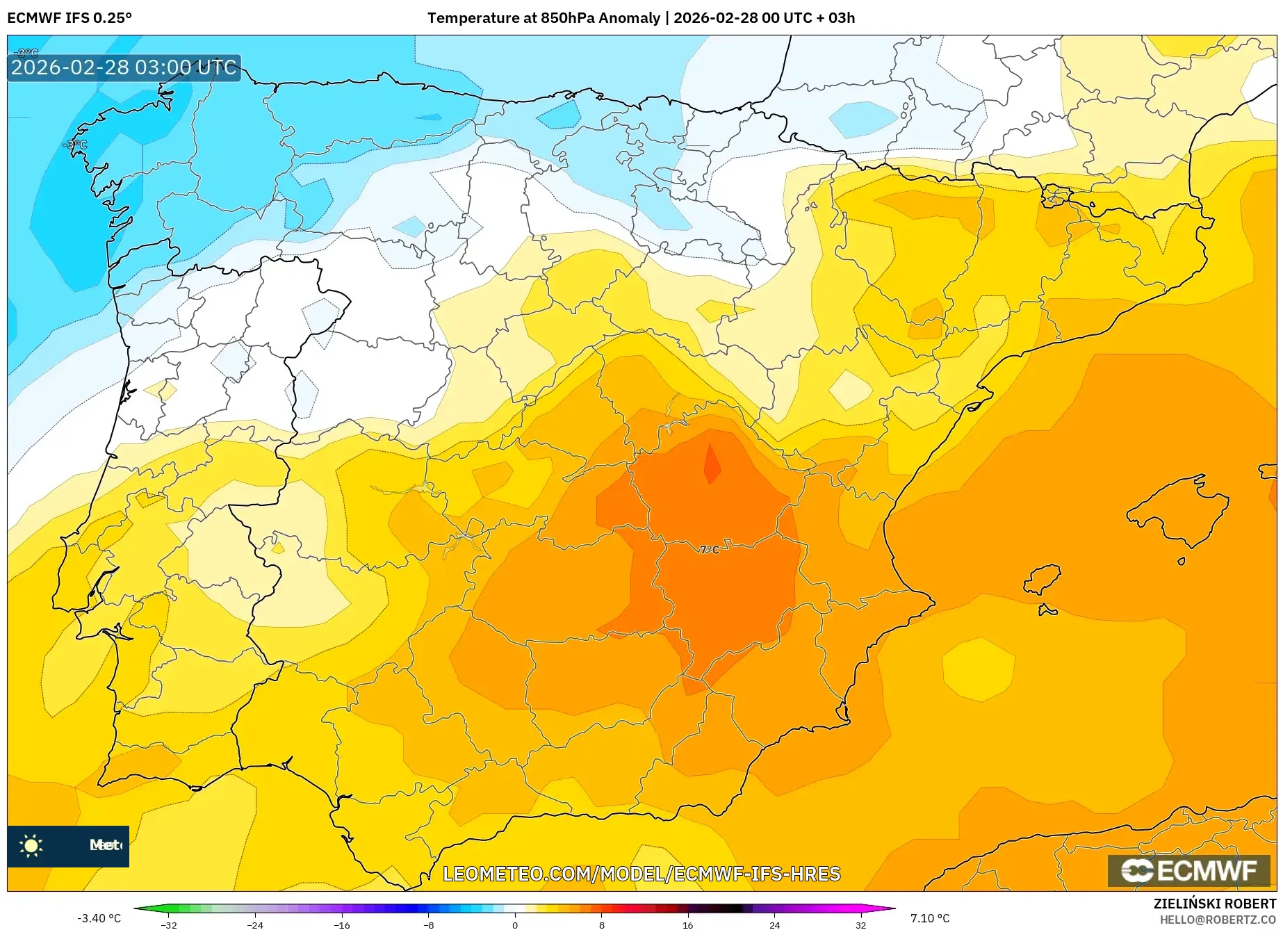 ECMWF IFS 0.25° model - スペイン, 気温異常（850hPa）