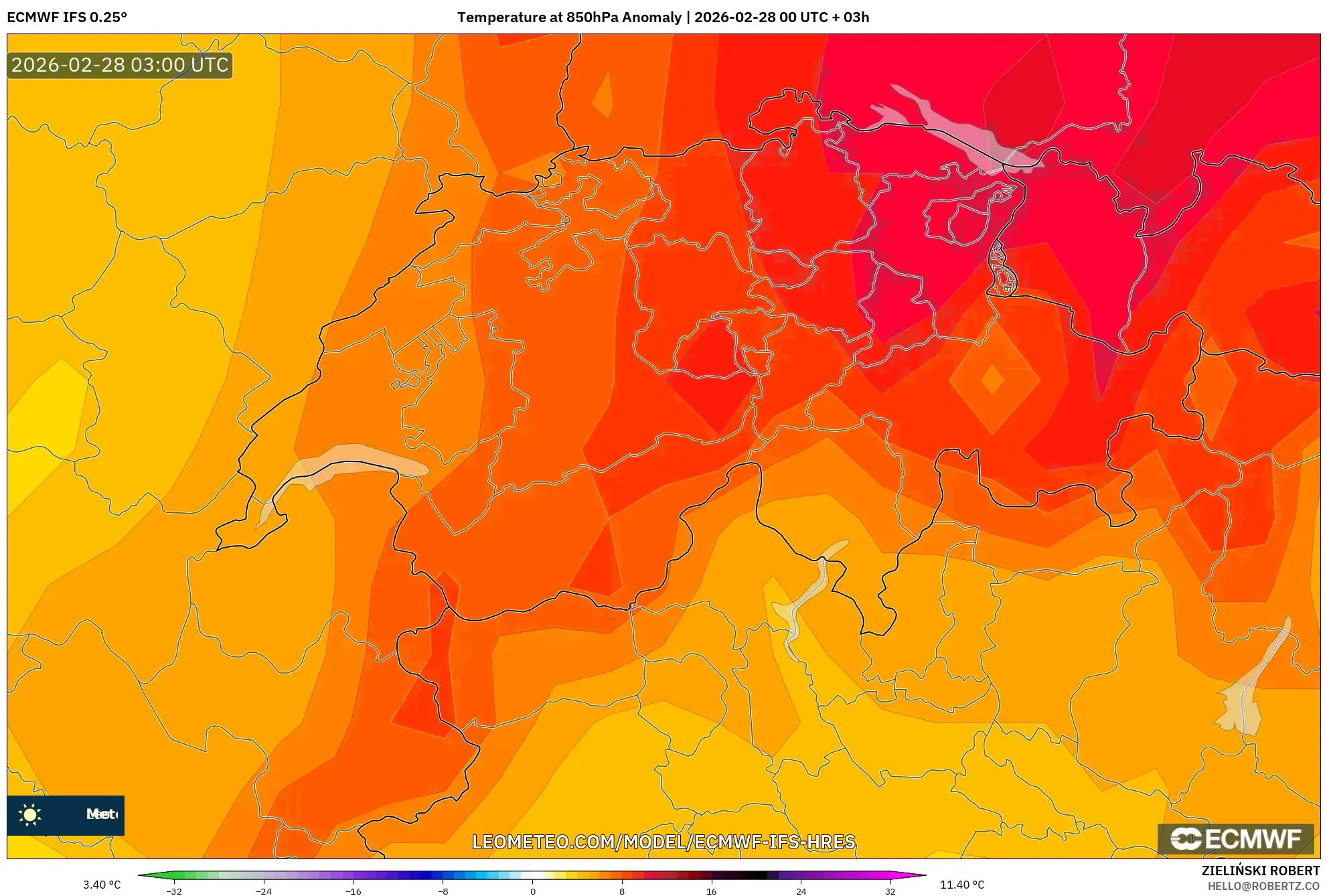ECMWF IFS 0.25° model - スイス, 気温異常（850hPa）