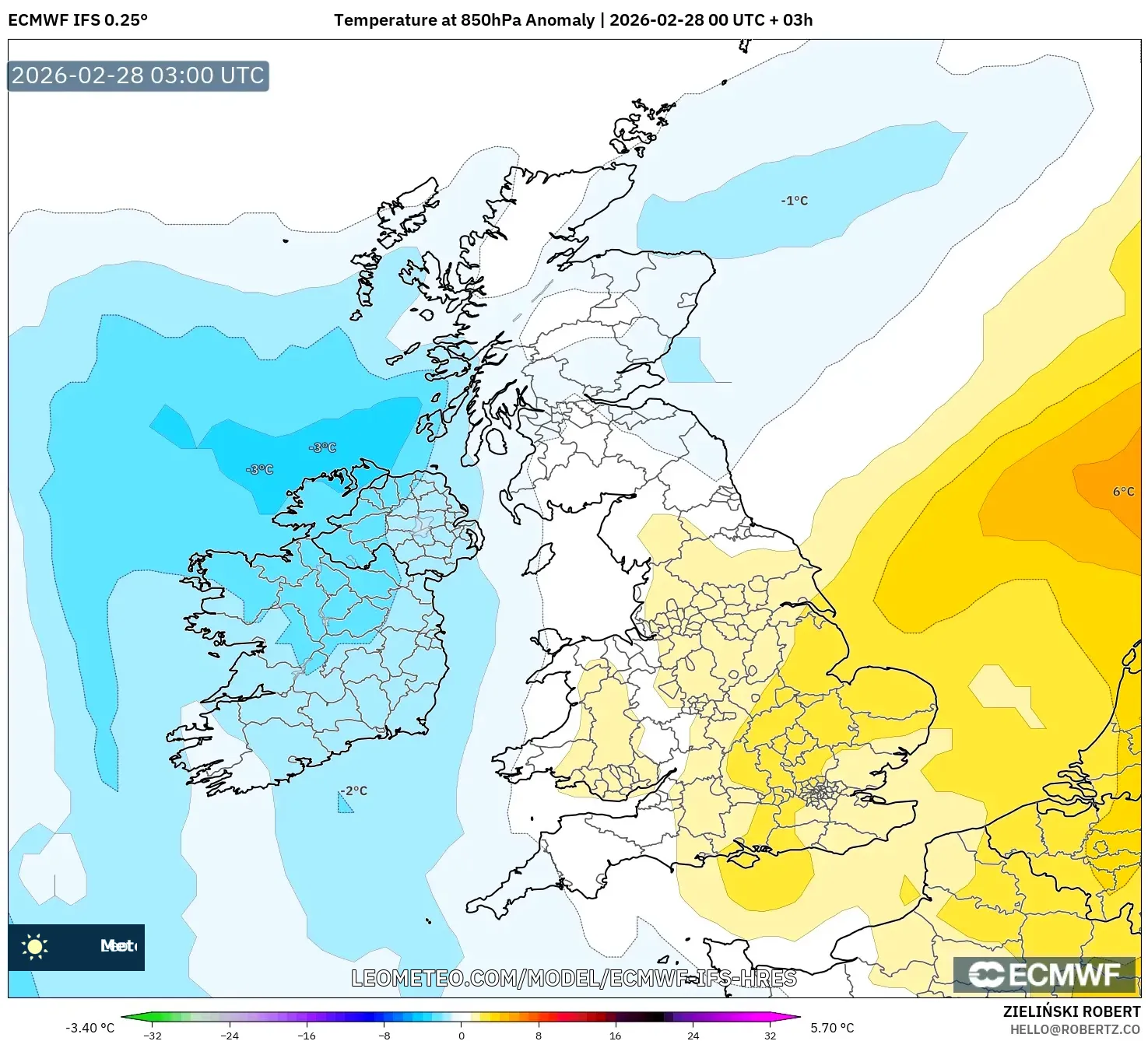 ECMWF IFS 0.25° model - イギリス, 気温異常（850hPa）