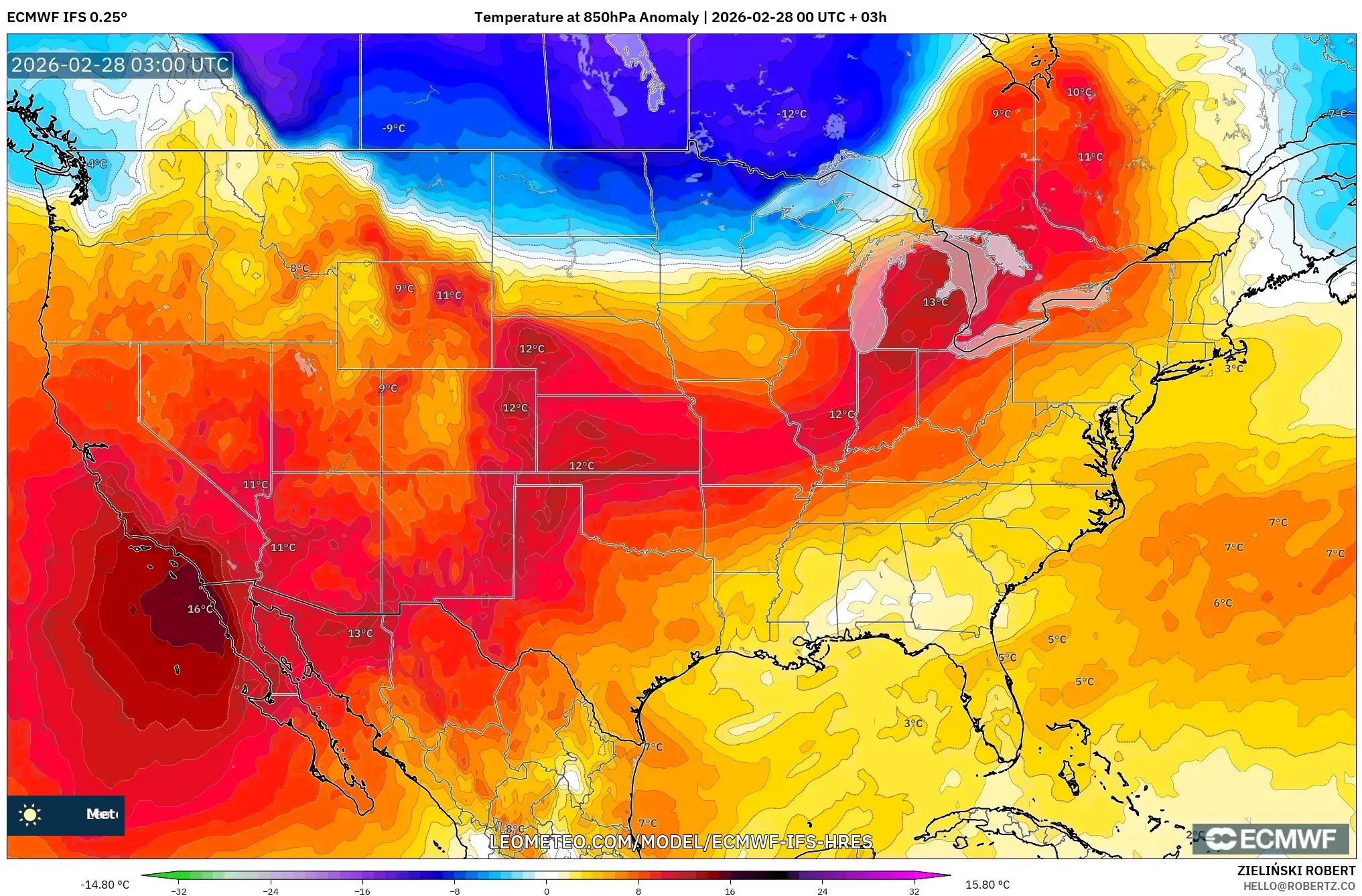ECMWF IFS 0.25° model - アメリカ合衆国, 気温異常（850hPa）