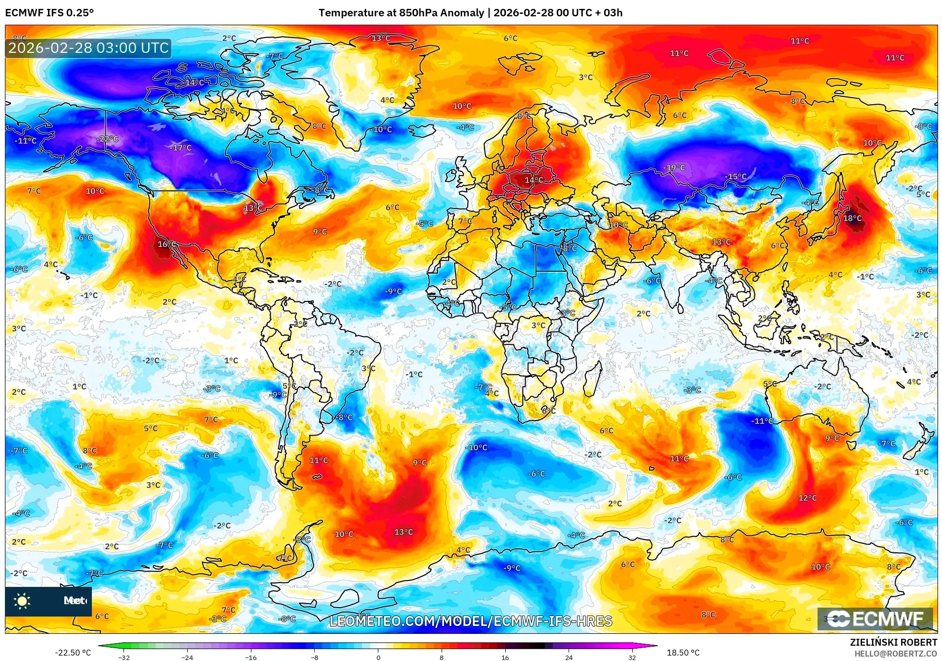 ECMWF IFS 0.25° model - 世界, 気温異常（850hPa）