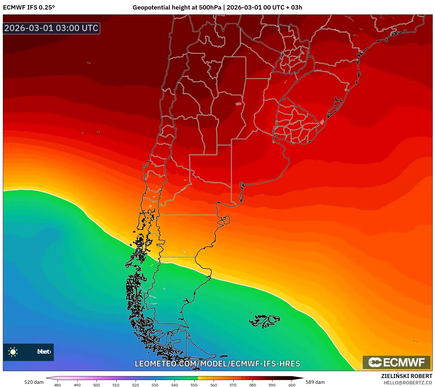 ECMWF IFS 0.25° model - アルゼンチン, 500hPaのジオポテンシャル高度