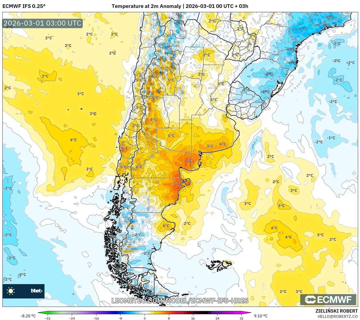 ECMWF IFS 0.25° model - アルゼンチン, 気温異常（2m）