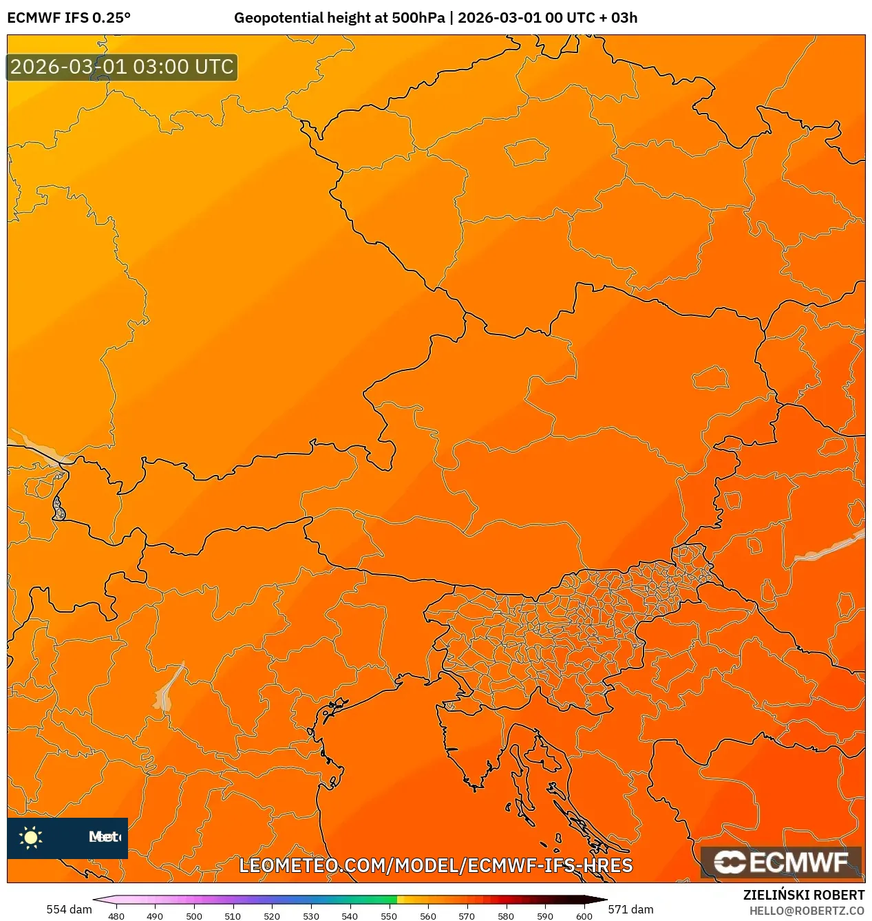 ECMWF IFS 0.25° model - オーストリア, 500hPaのジオポテンシャル高度