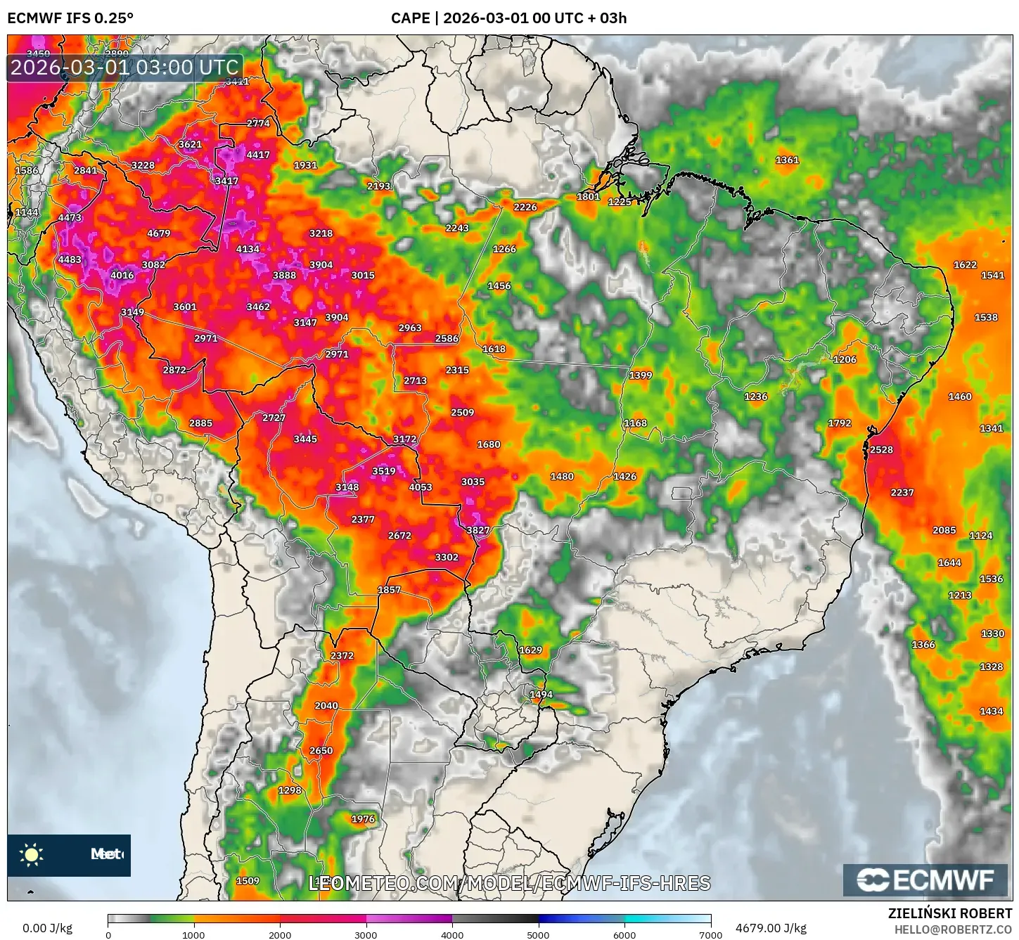ECMWF IFS 0.25° model - ブラジル, CAPE