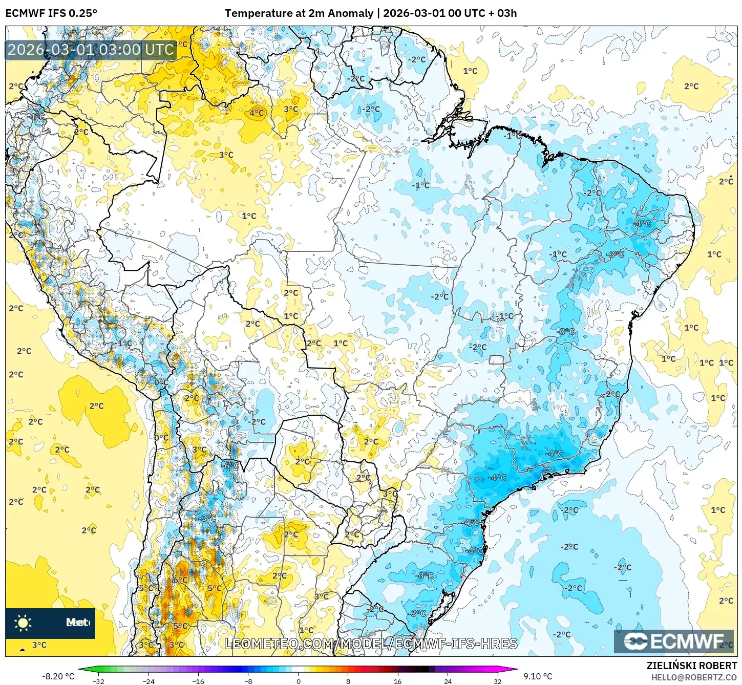 ECMWF IFS 0.25° model - ブラジル, 気温異常（2m）
