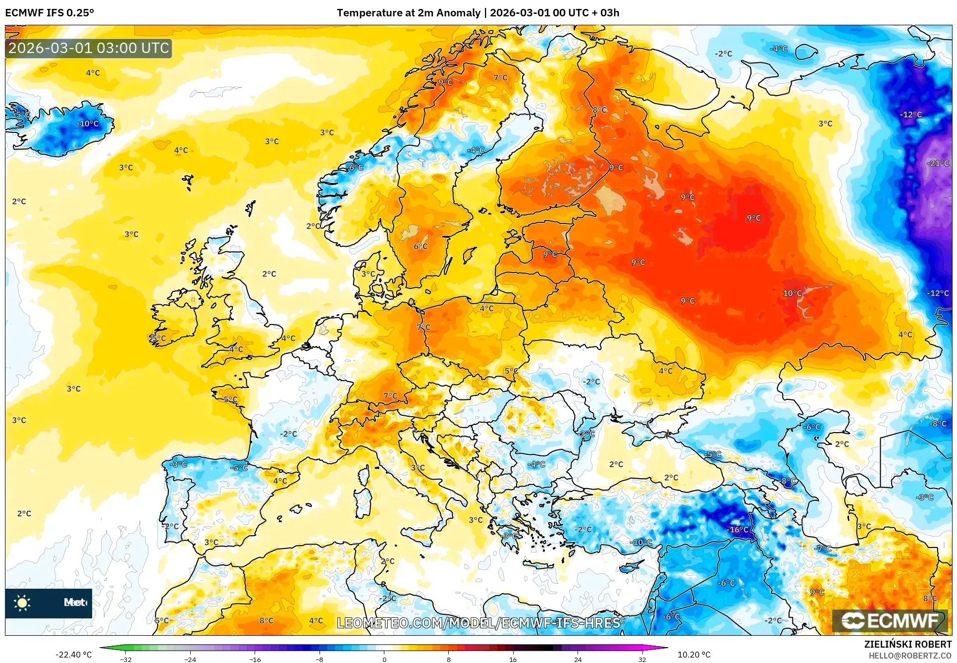 ECMWF IFS 0.25° model - ヨーロッパ, 気温異常（2m）