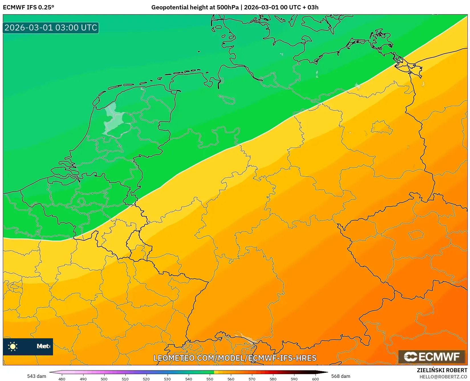 ECMWF IFS 0.25° model - ドイツ, 500hPaのジオポテンシャル高度