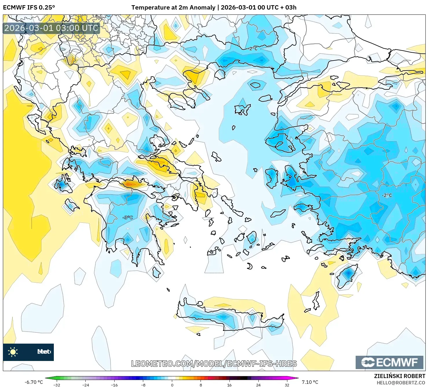 ECMWF IFS 0.25° model - ギリシャ, 気温異常（2m）