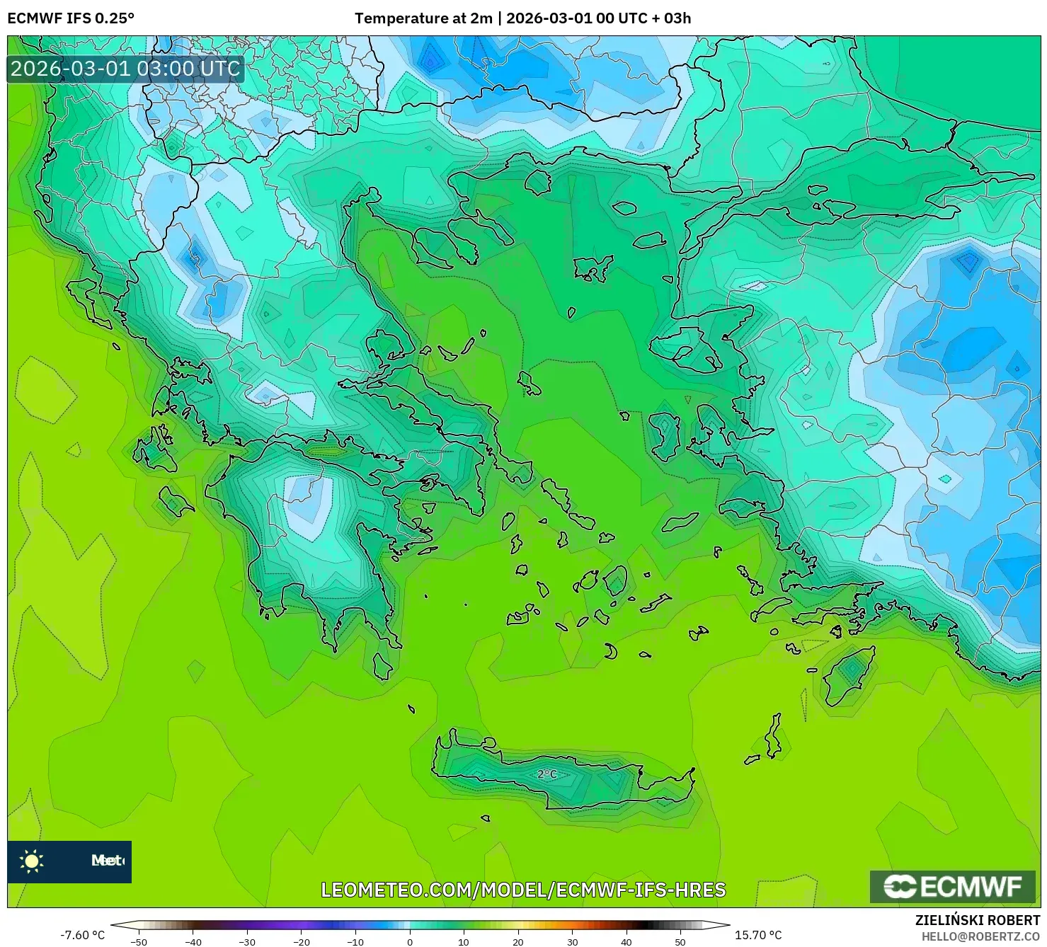 ECMWF IFS 0.25° model - ギリシャ, 気温（2m）