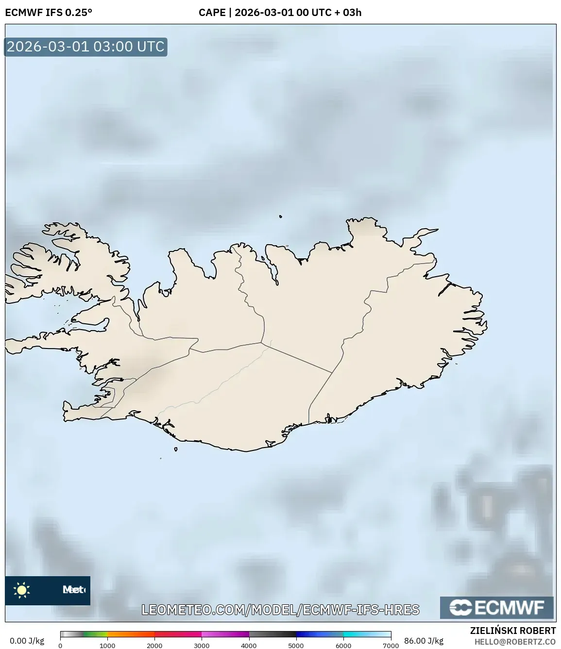 ECMWF IFS 0.25° model - アイスランド, CAPE