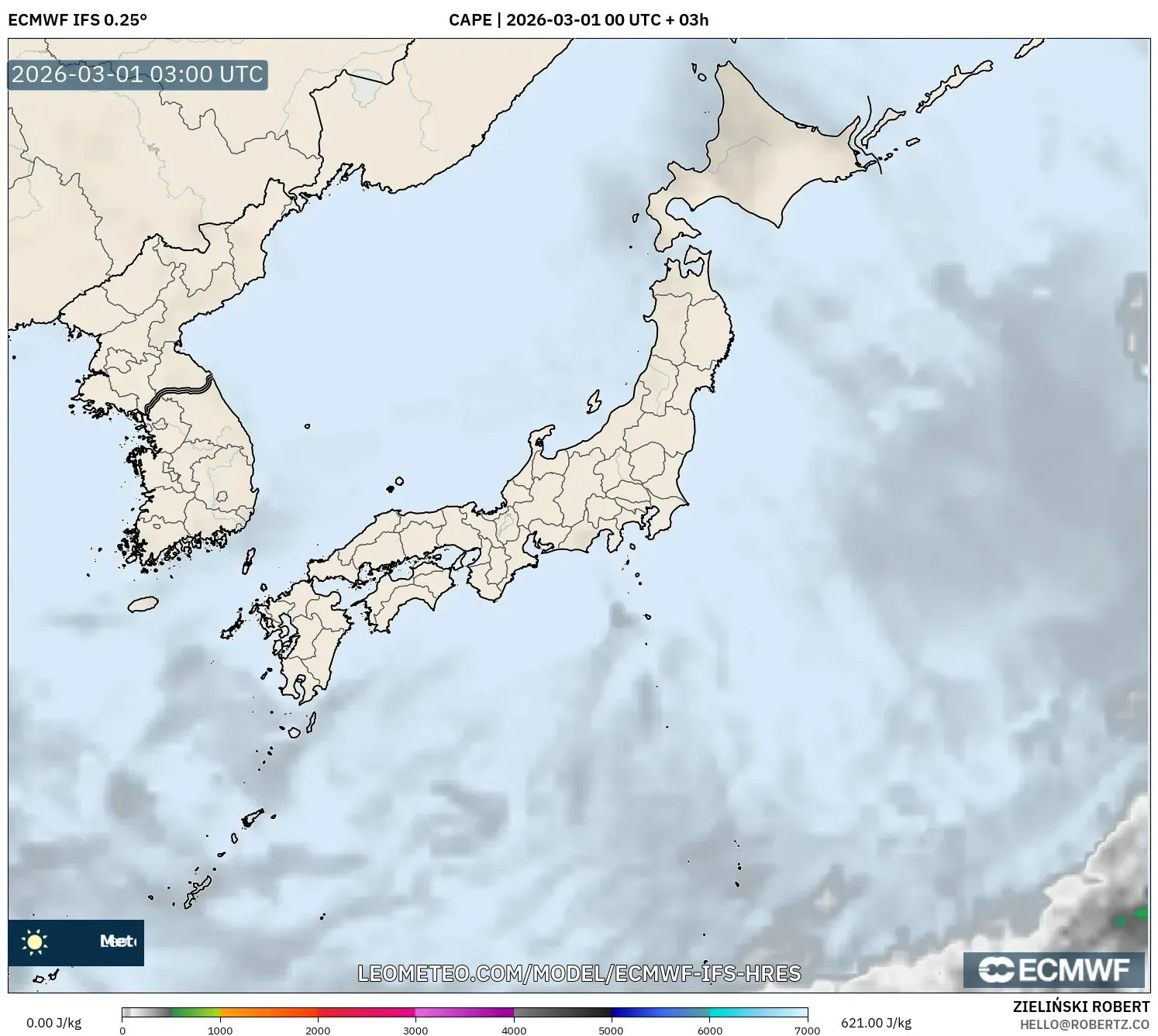 ECMWF IFS 0.25° model - 日本, CAPE