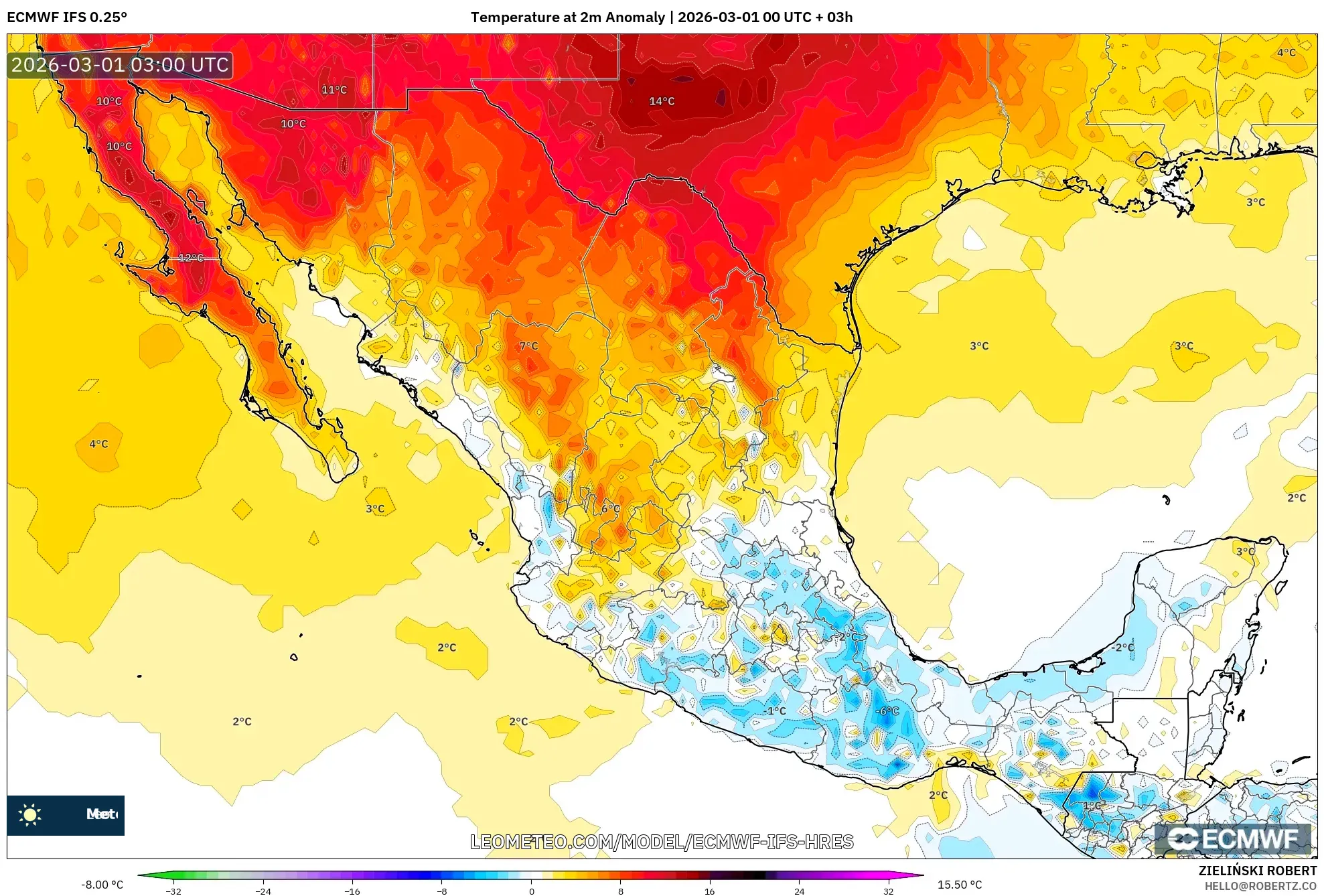 ECMWF IFS 0.25° model - メキシコ, 気温異常（2m）