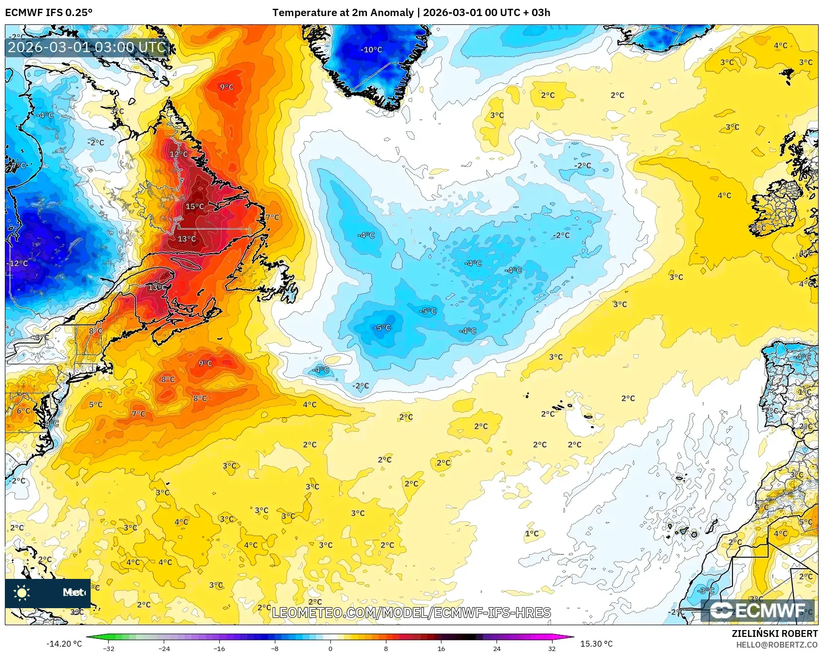 ECMWF IFS 0.25° model - 北大西洋, 気温異常（2m）