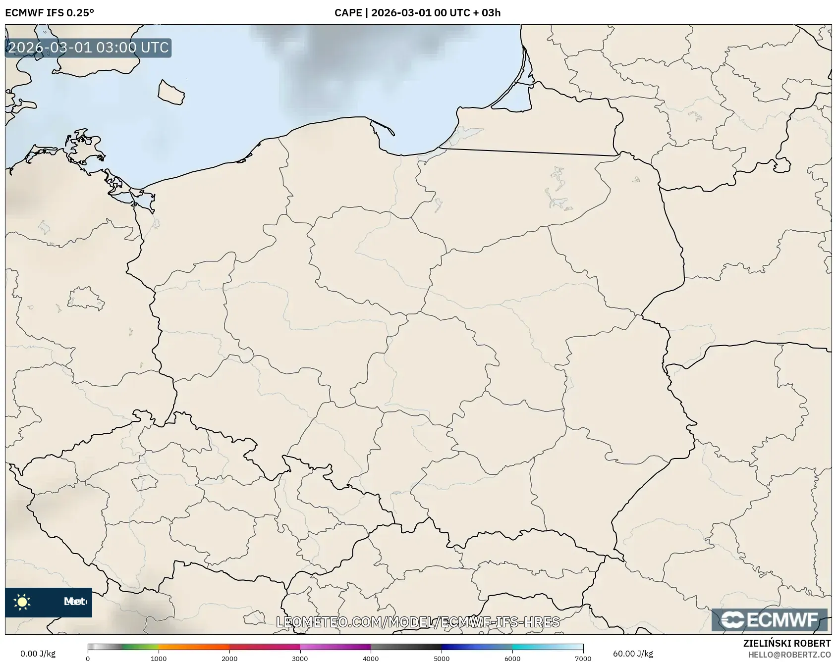 ECMWF IFS 0.25° model - ポーランド, CAPE