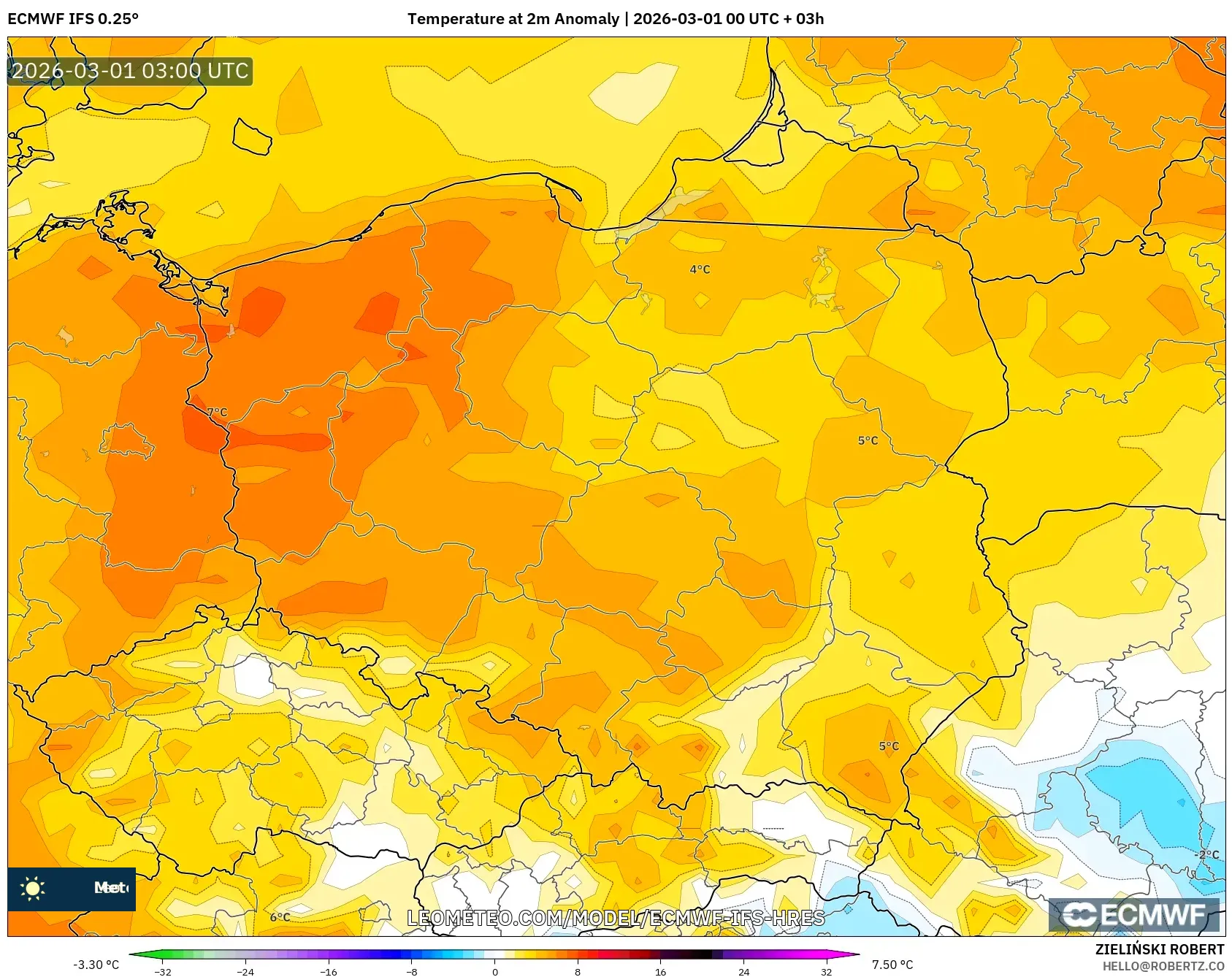 ECMWF IFS 0.25° model - ポーランド, 気温異常（2m）