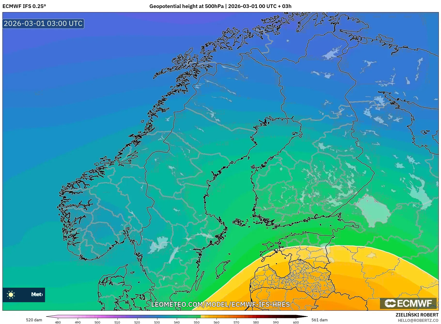ECMWF IFS 0.25° model - スカンジナビア, 500hPaのジオポテンシャル高度