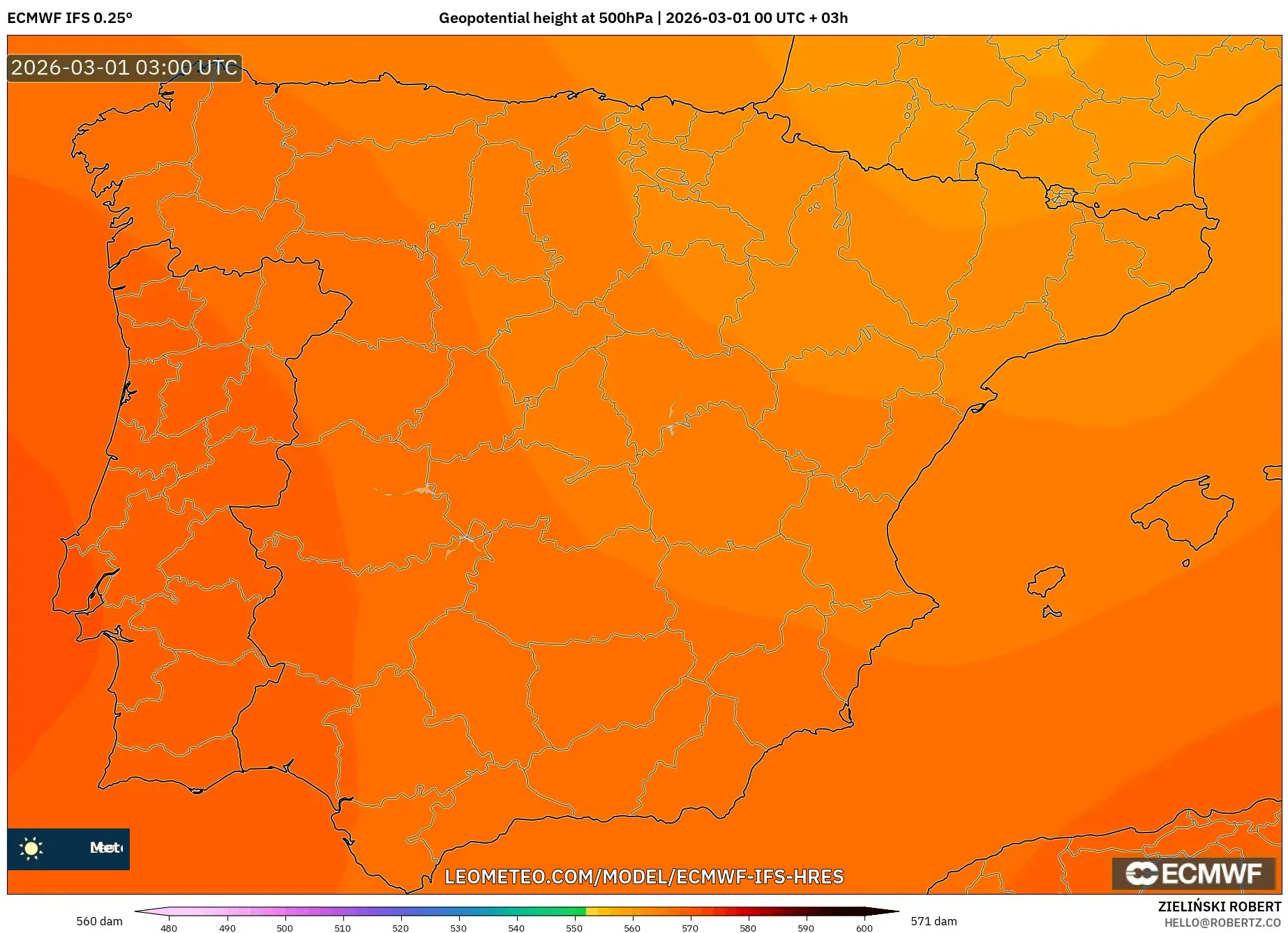 ECMWF IFS 0.25° model - スペイン, 500hPaのジオポテンシャル高度