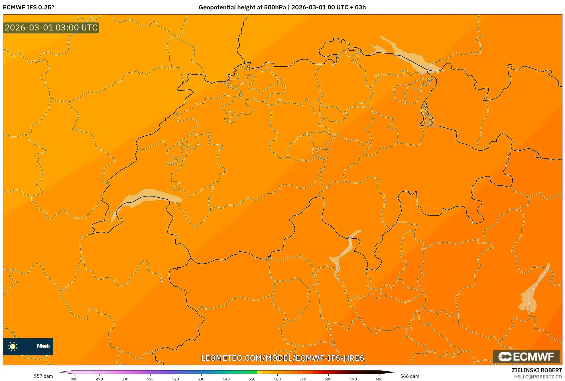 ECMWF IFS 0.25° model - スイス, 500hPaのジオポテンシャル高度