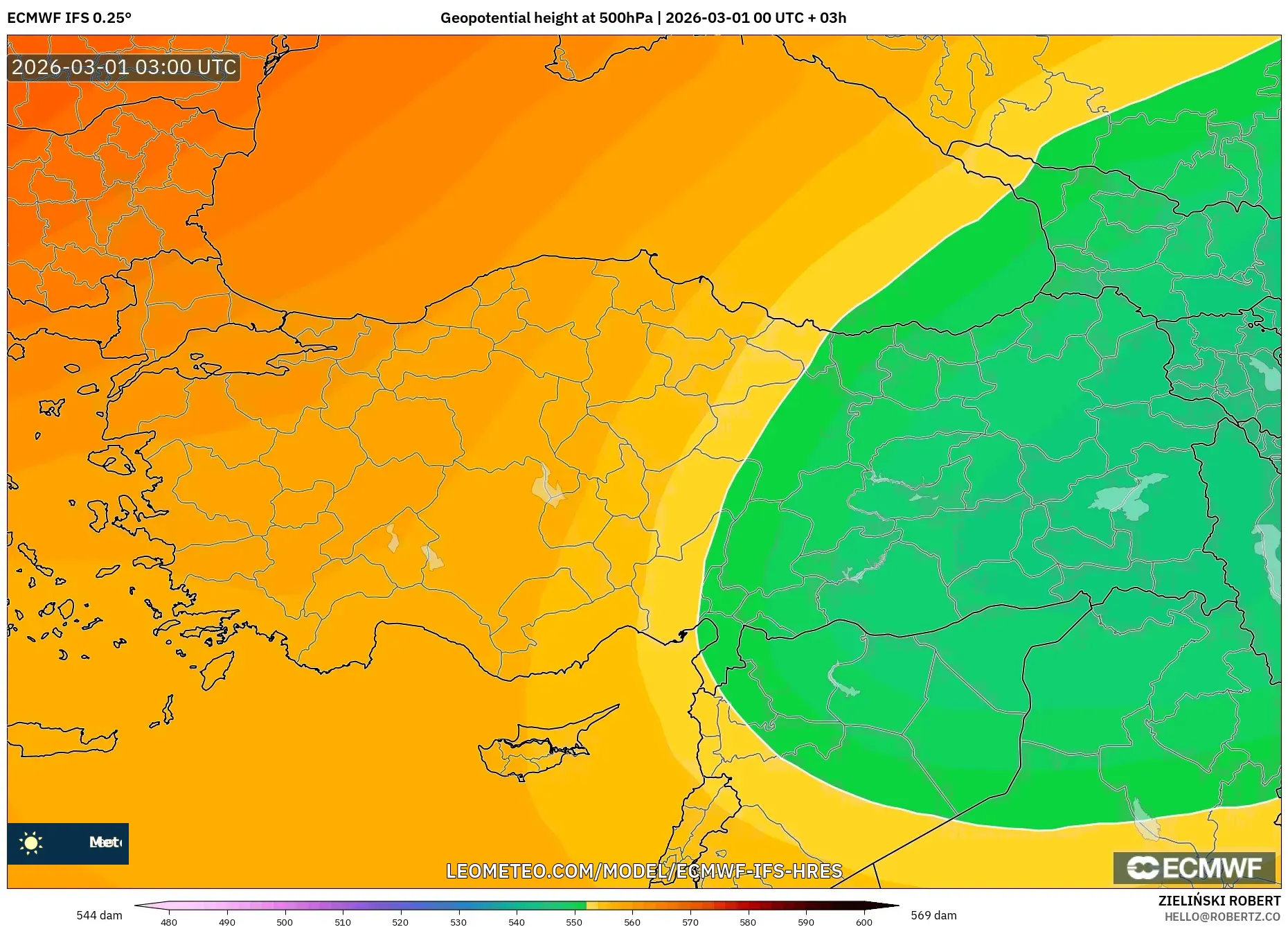 ECMWF IFS 0.25° model - トルコ, 500hPaのジオポテンシャル高度