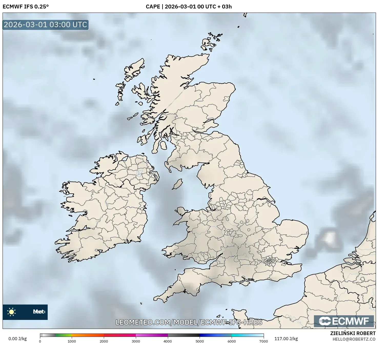 ECMWF IFS 0.25° model - イギリス, CAPE