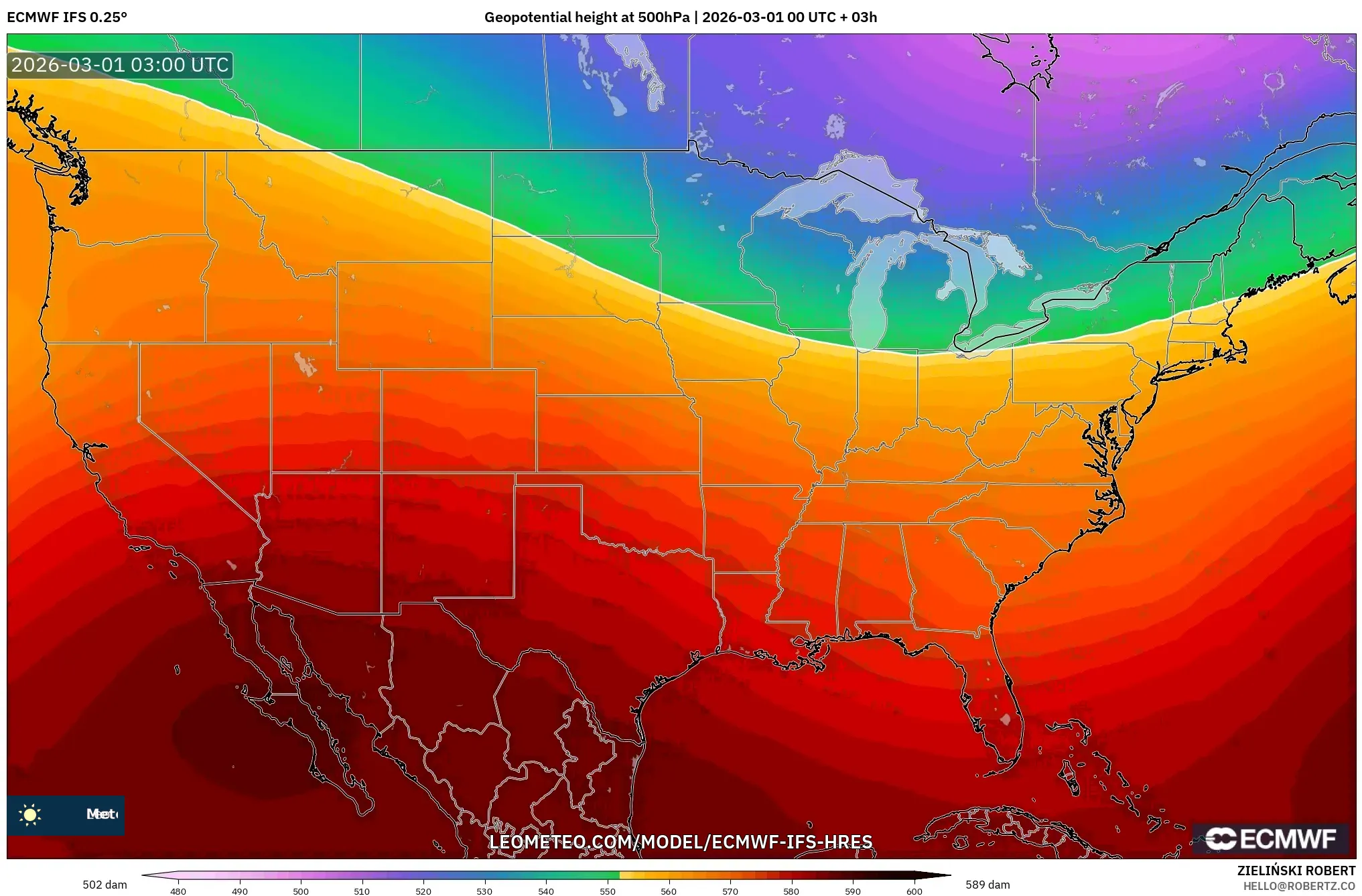 ECMWF IFS 0.25° model - アメリカ合衆国, 500hPaのジオポテンシャル高度
