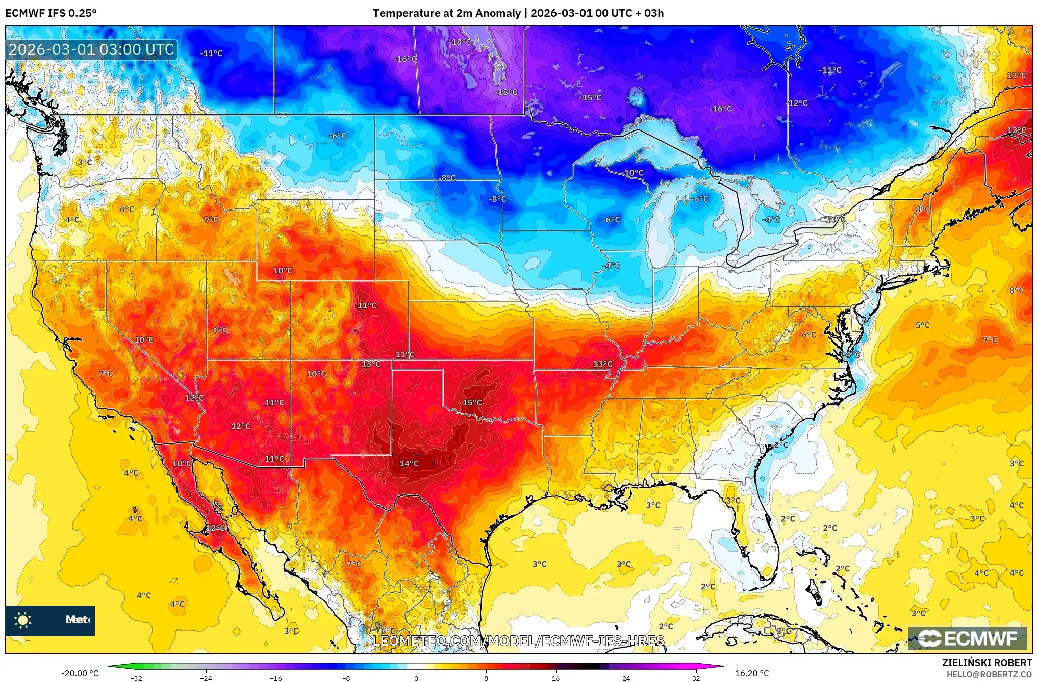 ECMWF IFS 0.25° model - アメリカ合衆国, 気温異常（2m）