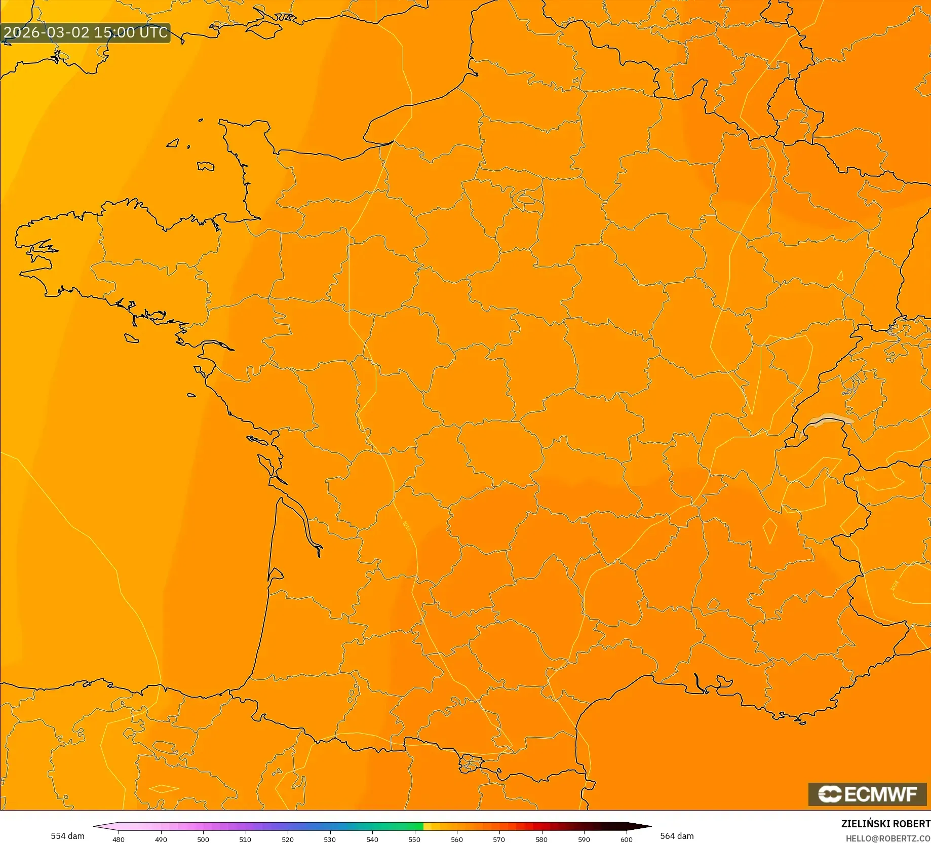 ECMWF IFS 0.25° model - フランス, 500hPaのジオポテンシャル高度