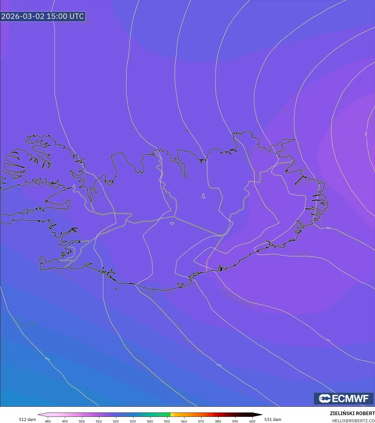 ECMWF IFS 0.25° model - アイスランド, 500hPaのジオポテンシャル高度