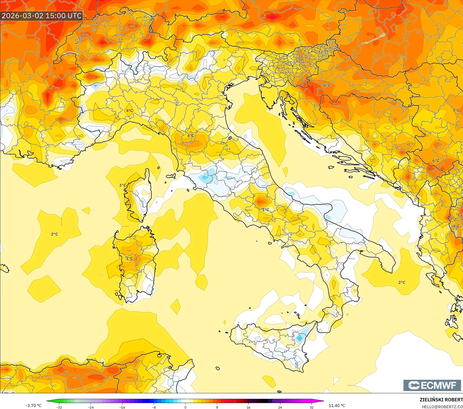 ECMWF IFS 0.25° model - イタリア, 気温異常（2m）