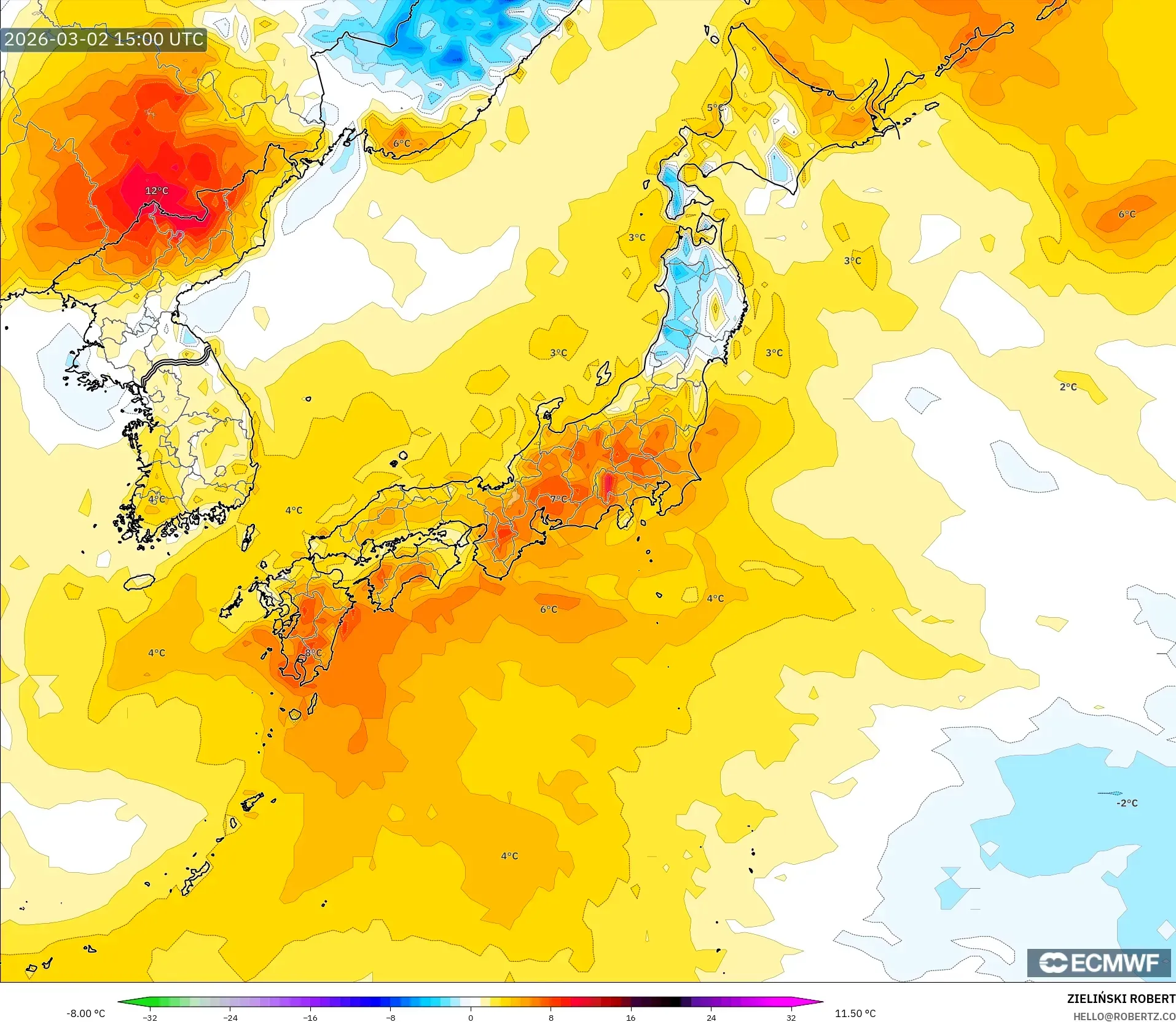 ECMWF IFS 0.25° model - 日本, 気温異常（2m）