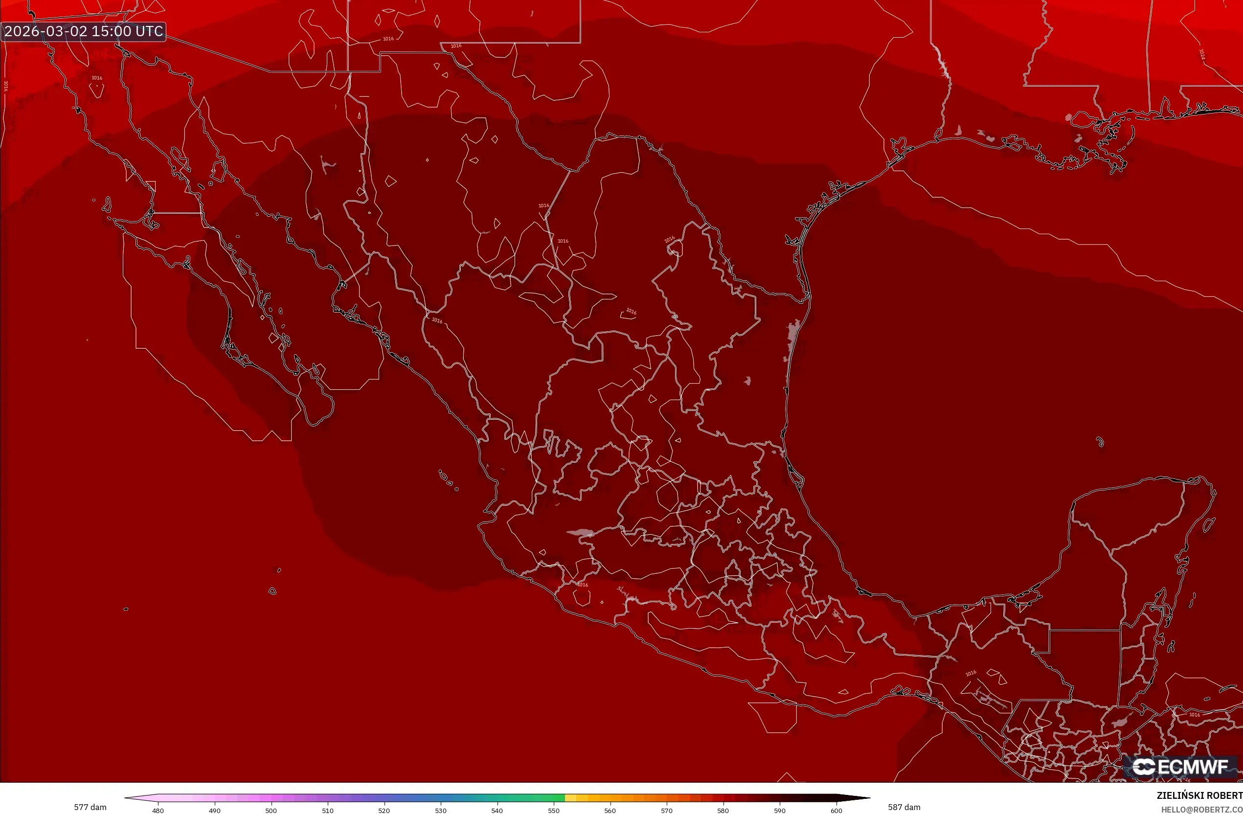 ECMWF IFS 0.25° model - メキシコ, 500hPaのジオポテンシャル高度