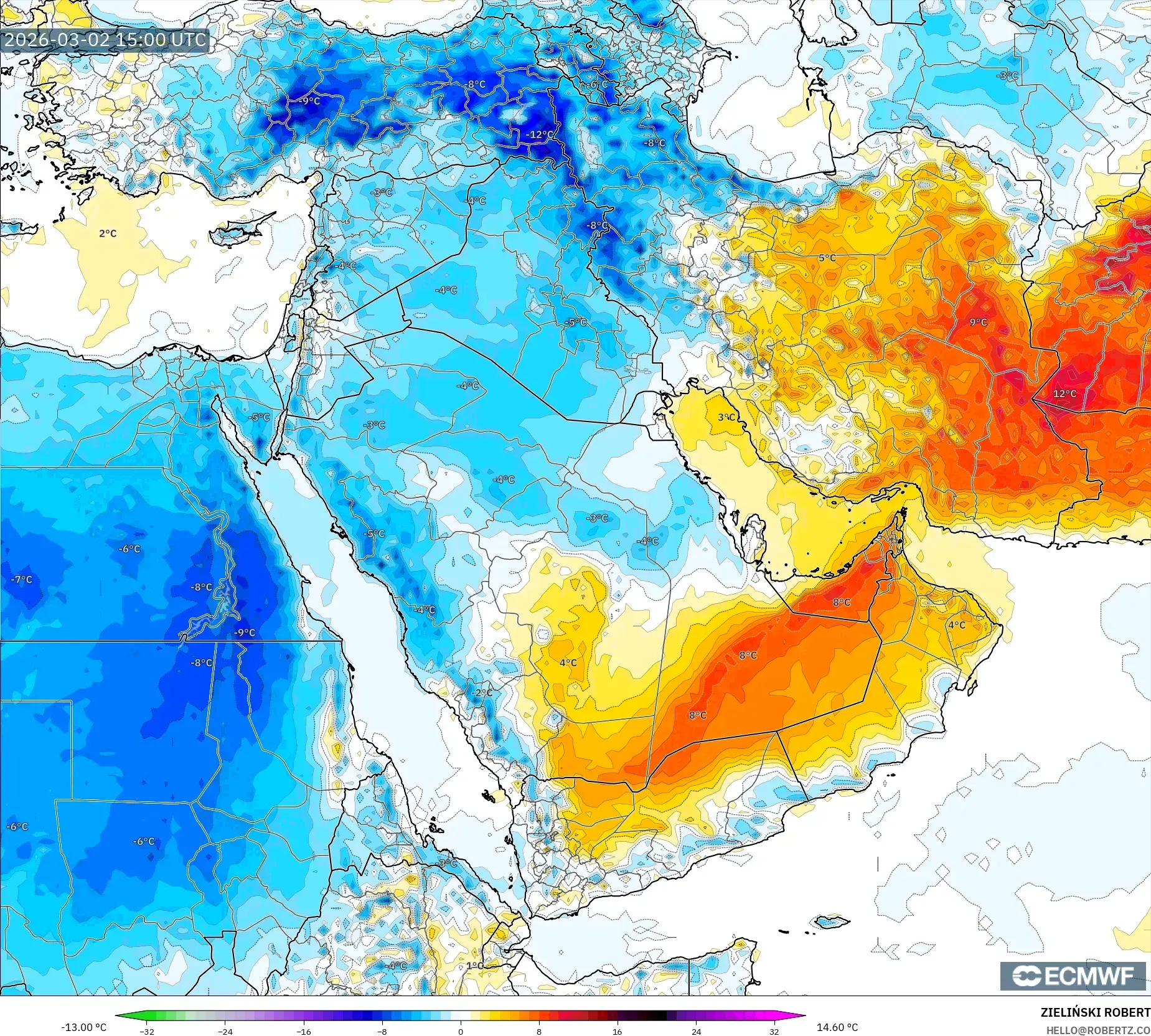 ECMWF IFS 0.25° model - 中東, 気温異常（2m）