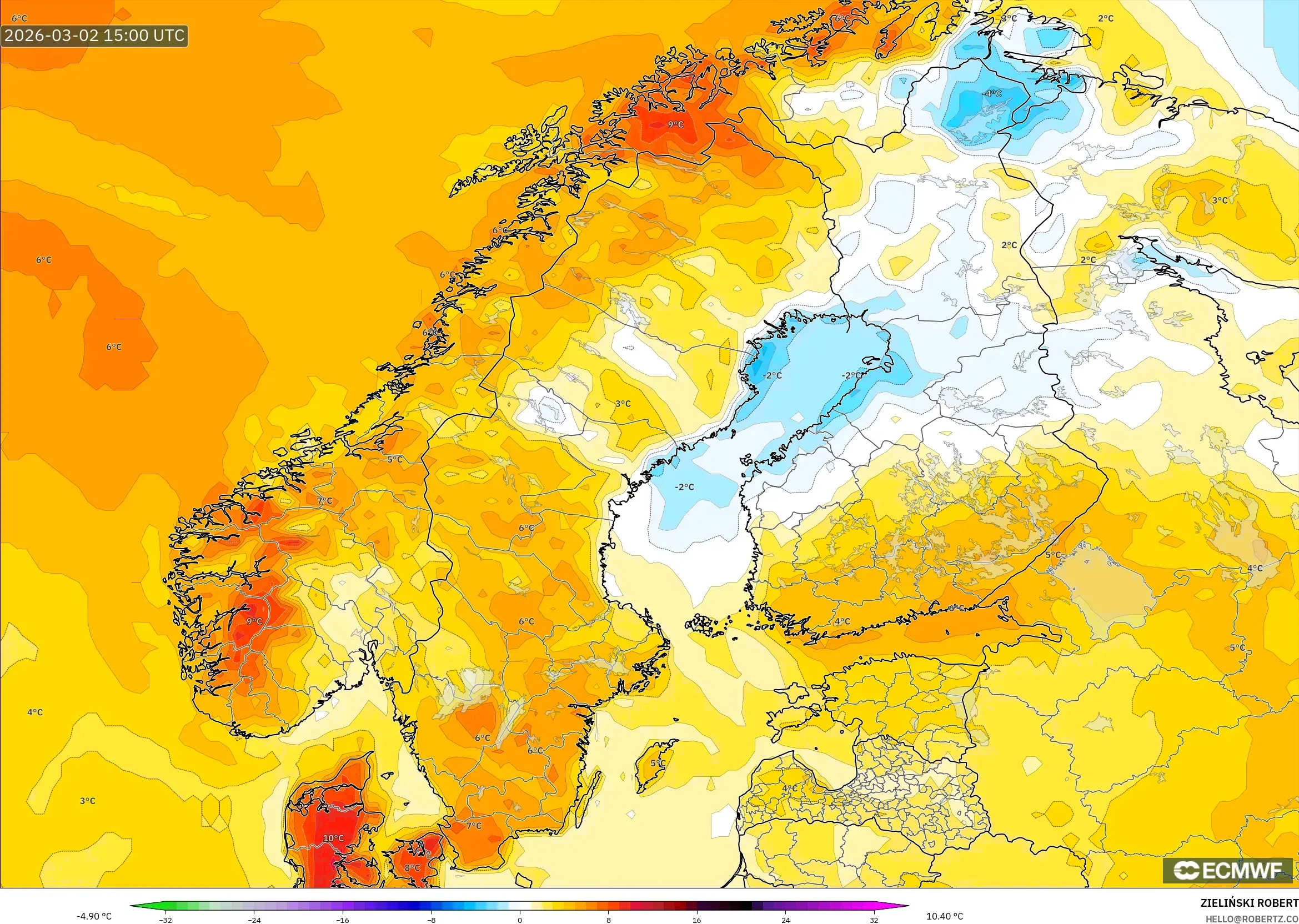 ECMWF IFS 0.25° model - スカンジナビア, 気温異常（2m）