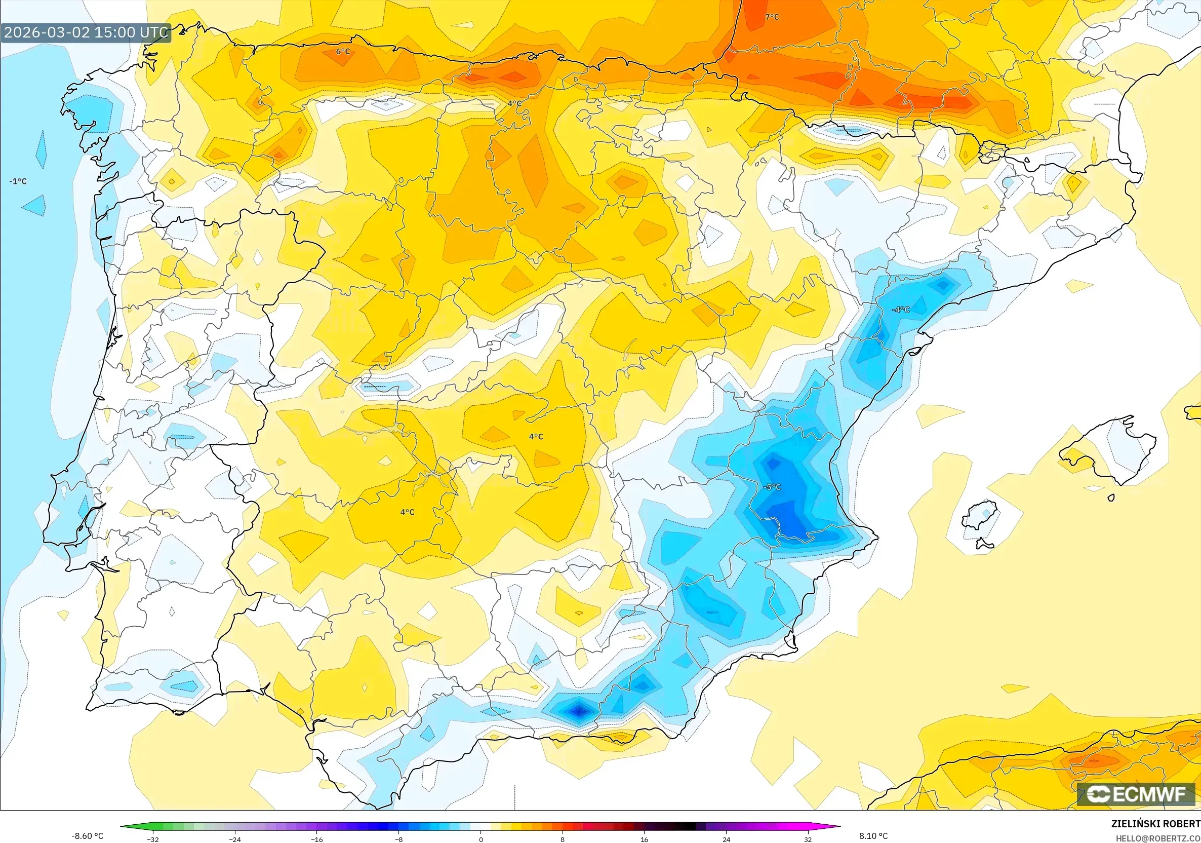 ECMWF IFS 0.25° model - スペイン, 気温異常（2m）
