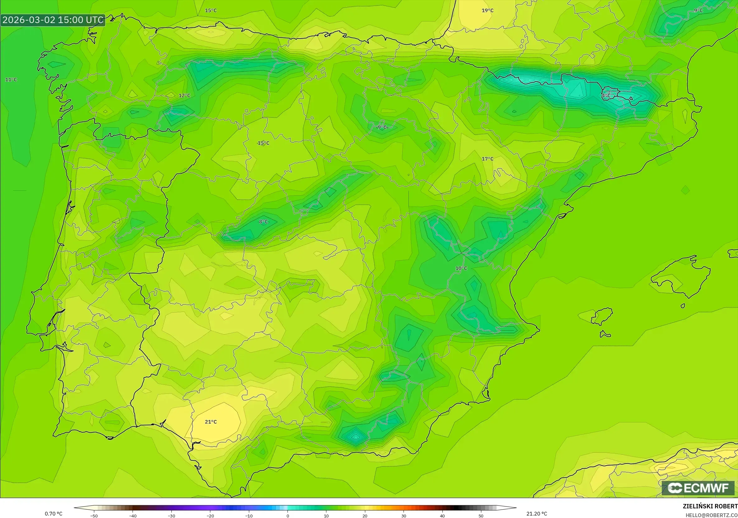 ECMWF IFS 0.25° model - スペイン, 気温（2m）