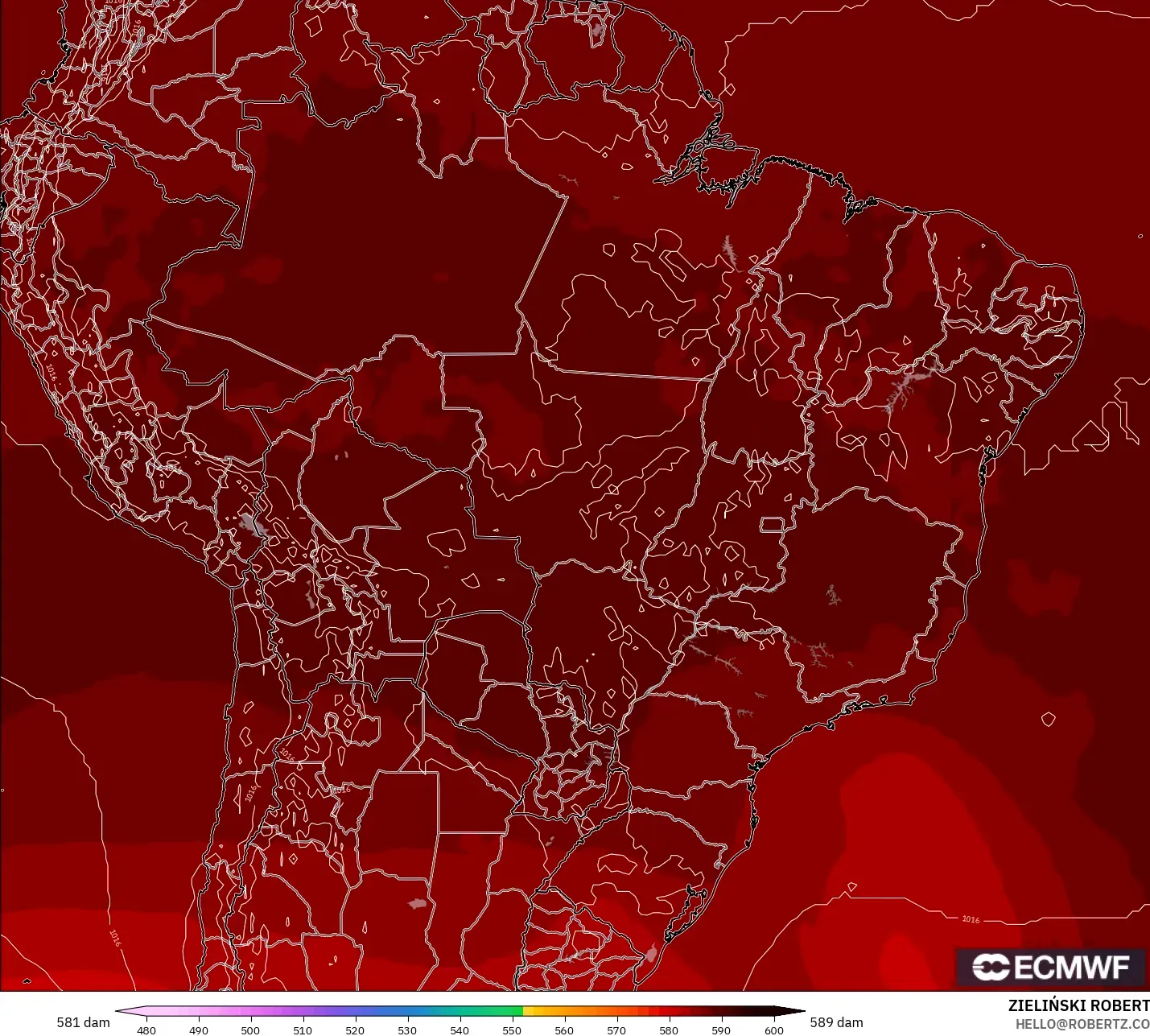 ECMWF IFS 0.25° モデル - ブラジル, 500hPaのジオポテンシャル高度