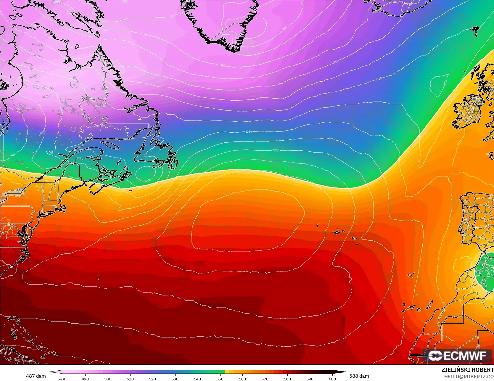 ECMWF IFS 0.25° モデル - 北大西洋, 500hPaのジオポテンシャル高度