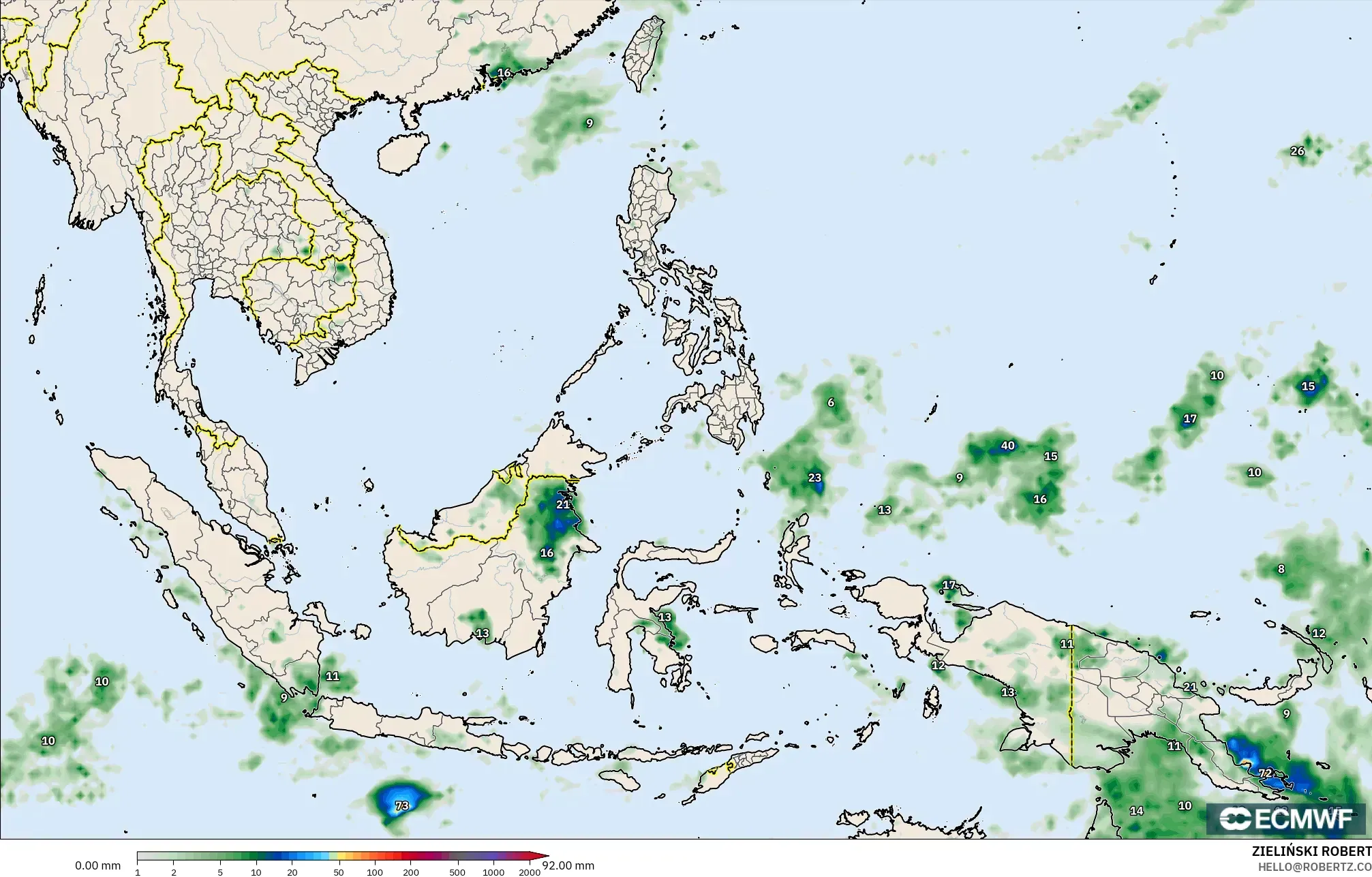 ECMWF IFS 0.25° モデル - 東南アジア, 降水量の合計