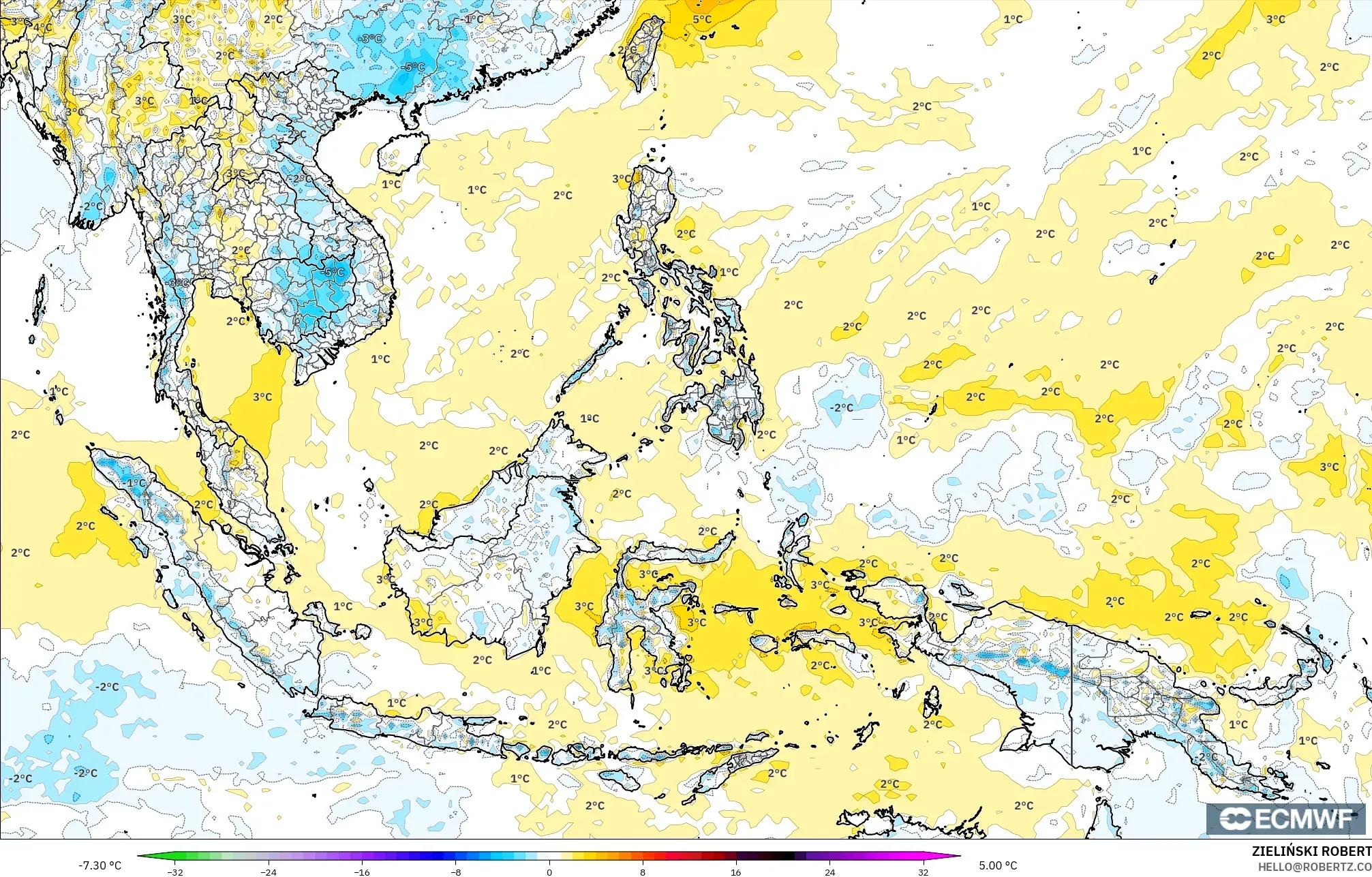 ECMWF IFS 0.25° モデル - 東南アジア, 気温異常（2m）