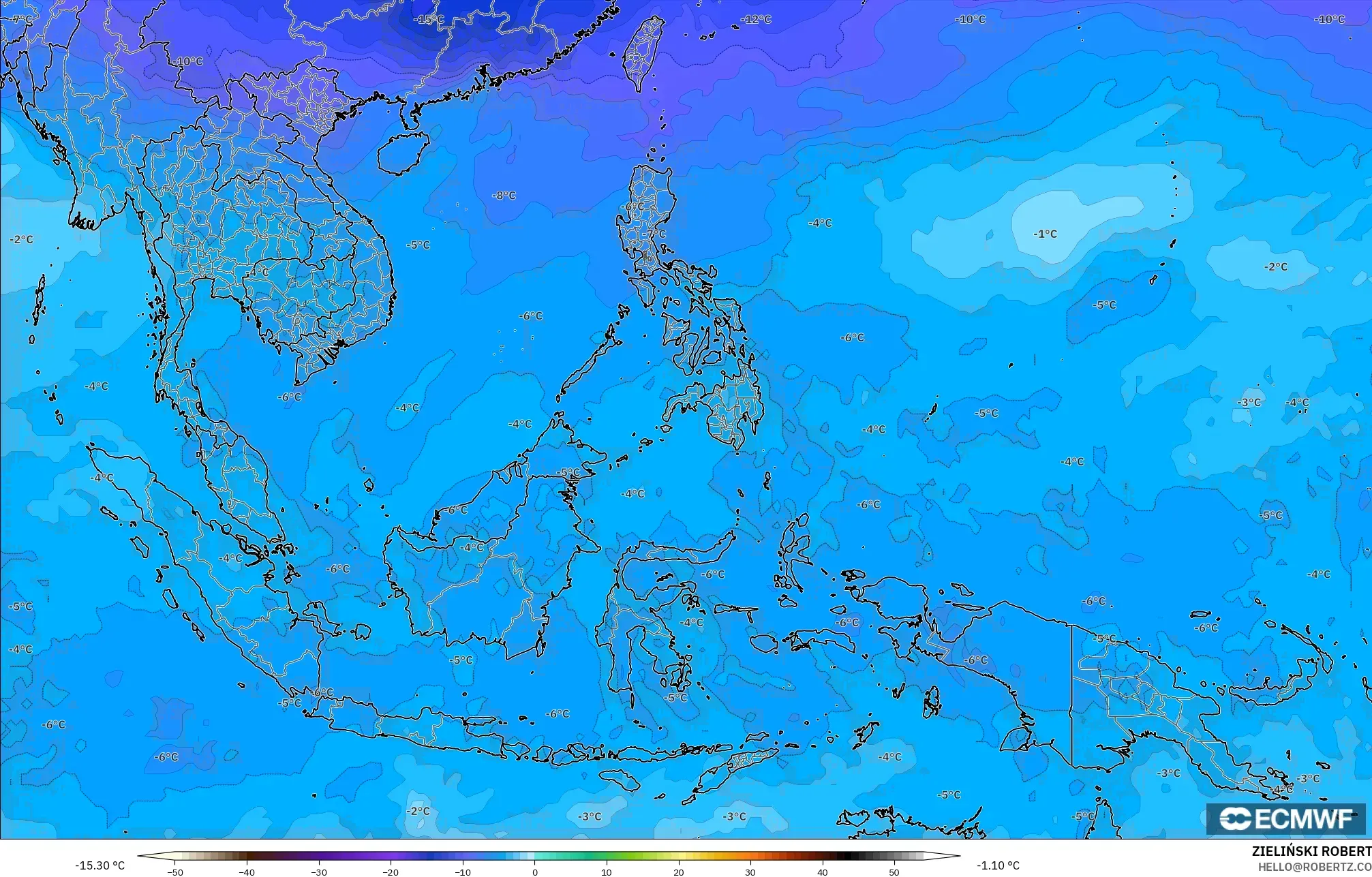 ECMWF IFS 0.25° モデル - 東南アジア, 気温（500hPa）