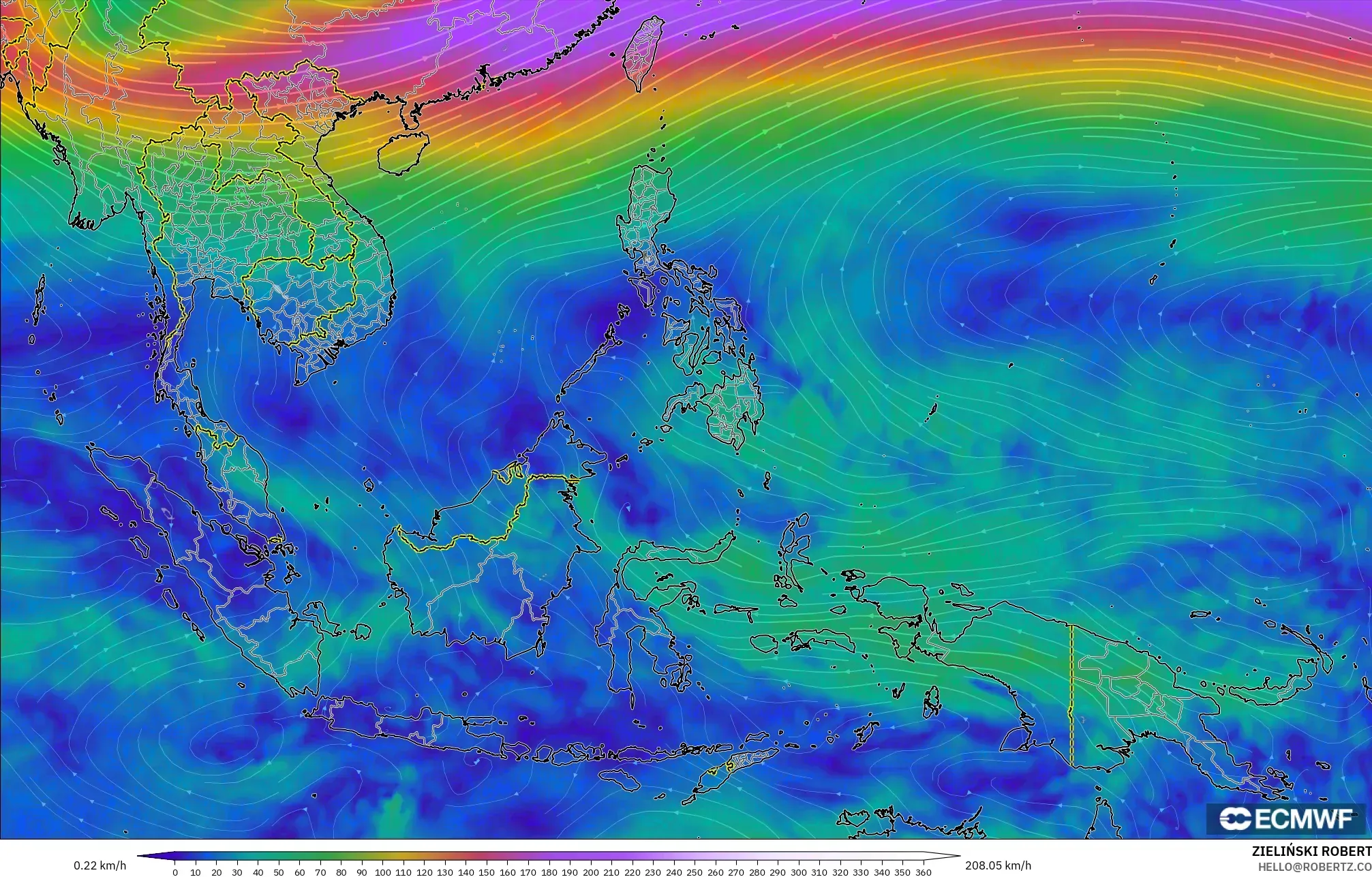 ECMWF IFS 0.25° モデル - 東南アジア, 風速（300hPa）